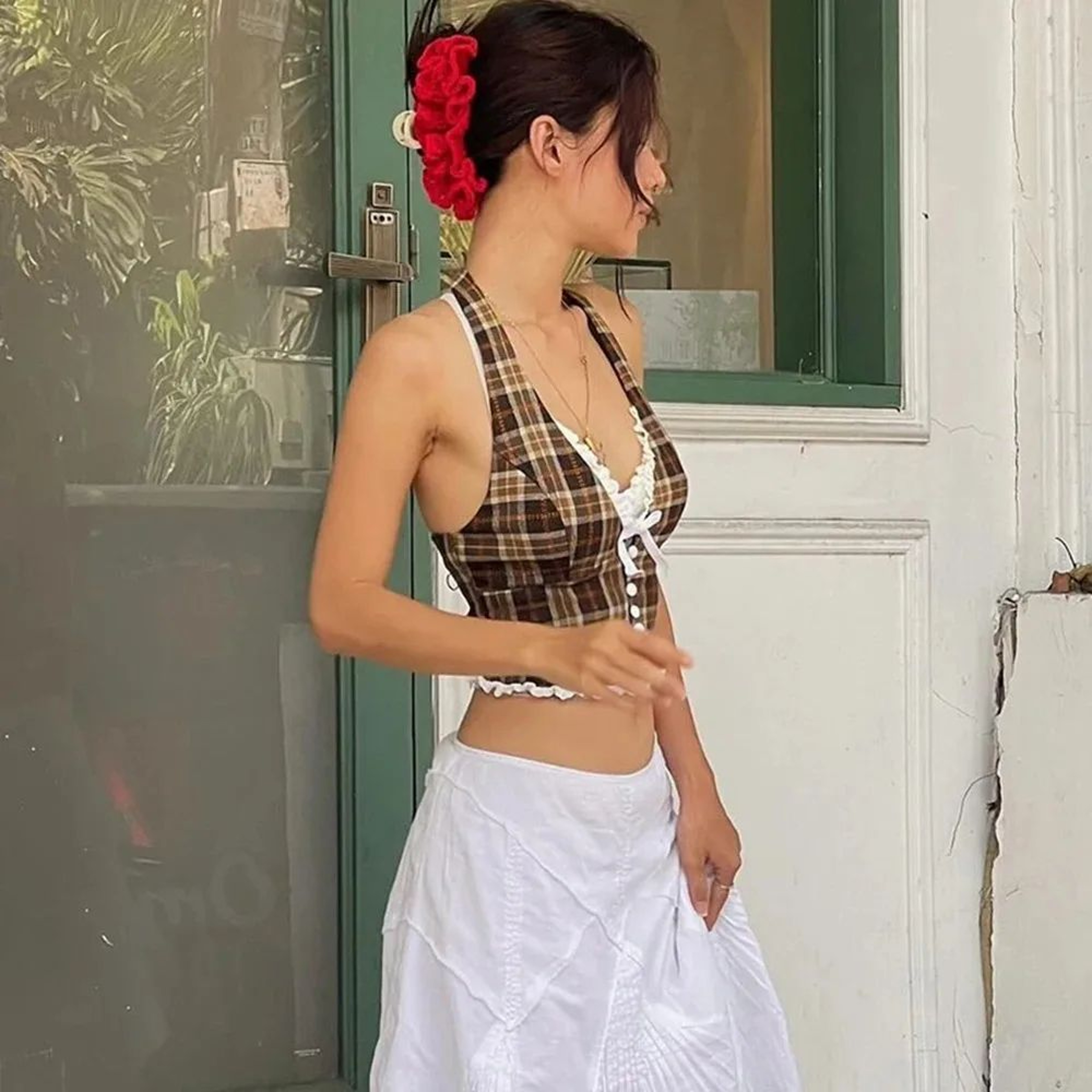 Womens Plaid Halterneck Backless Crop Top  VNeck Lace Slim Bow Tank 3