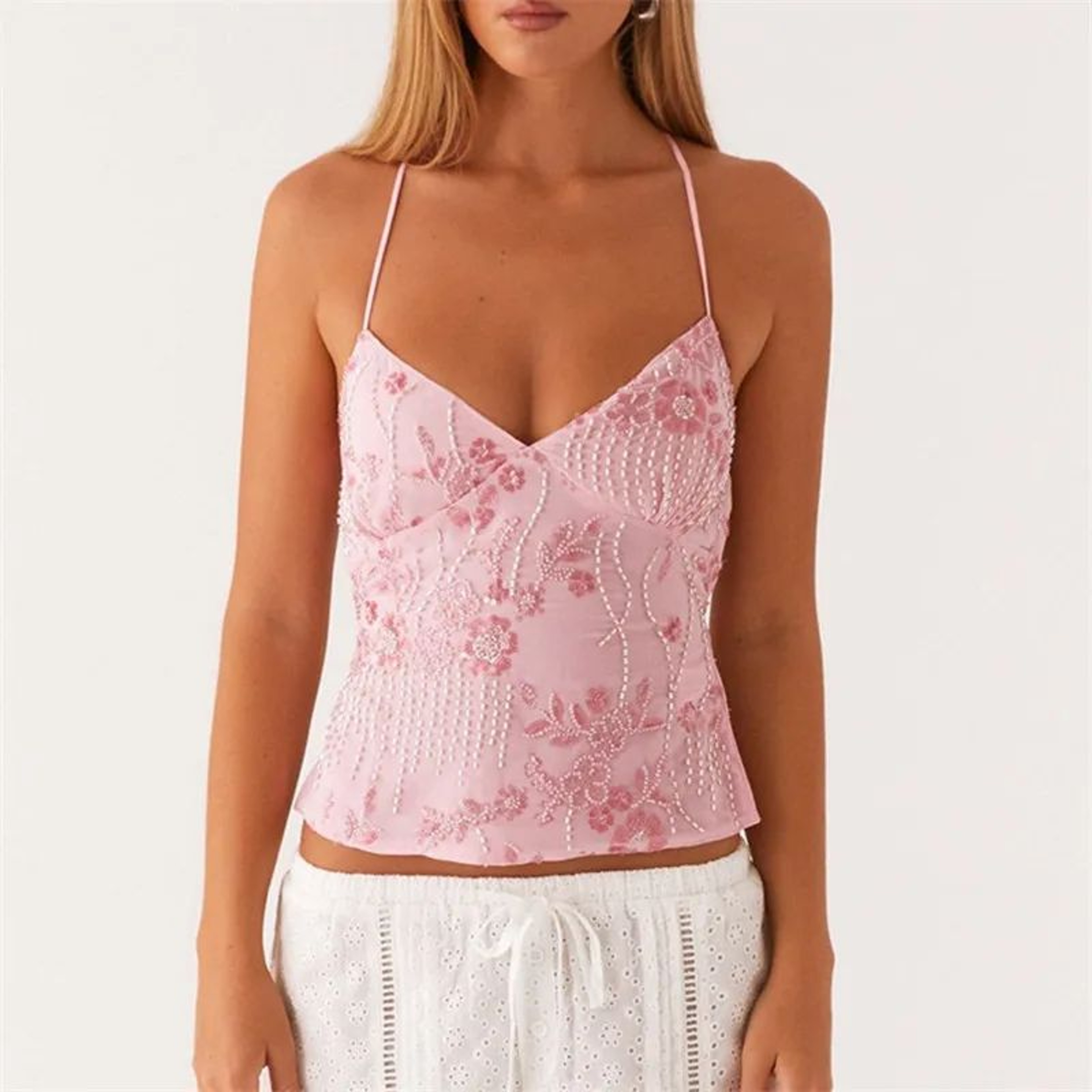 Y2K Sequin Pearl Halter Crop Top  Glitter Rhinestone VNeck Summer Camisole 8
