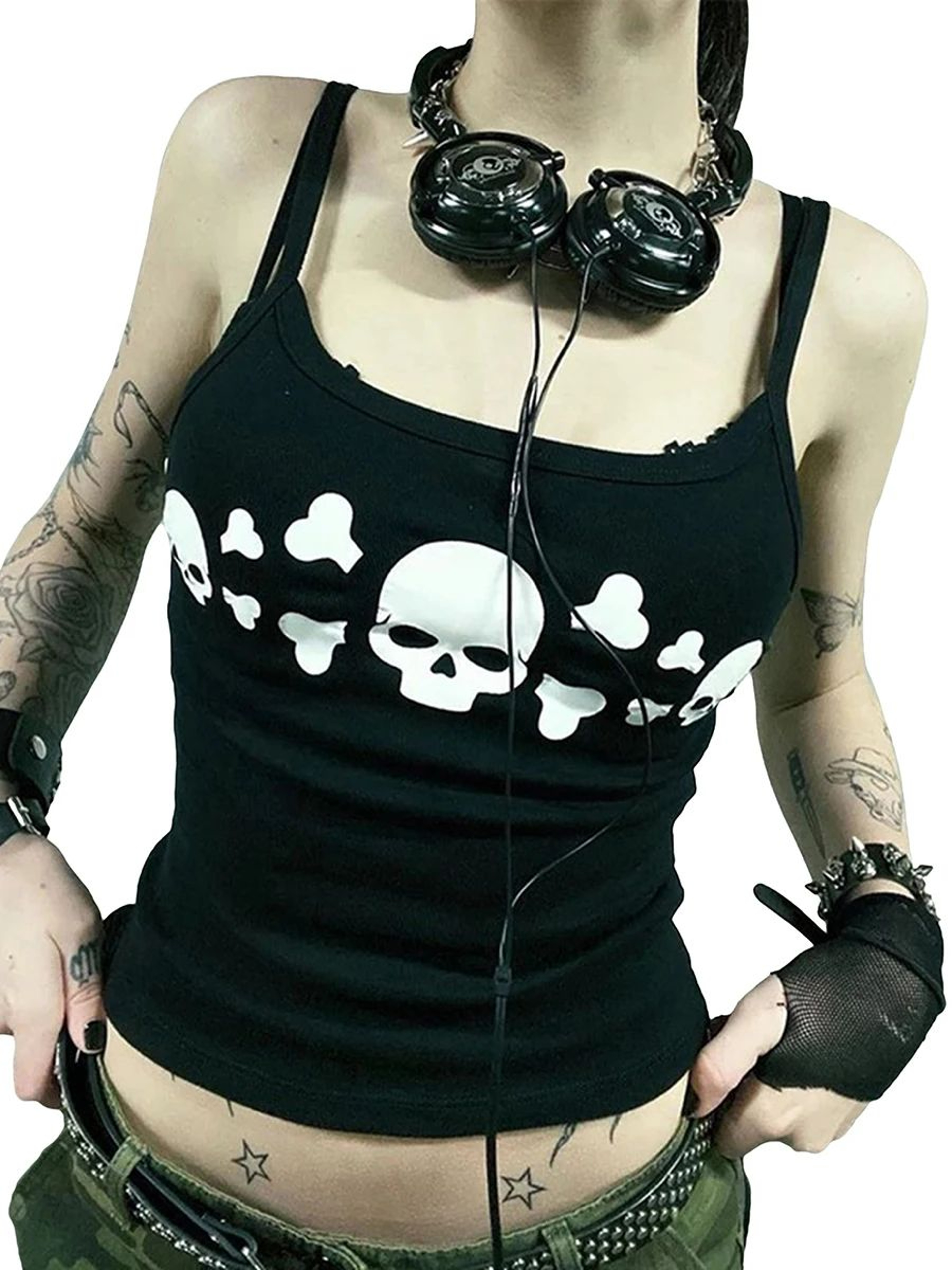 Womens Vintage Skull Print Goth Tank Top  Backless Low Cut Grunge Camisole 0