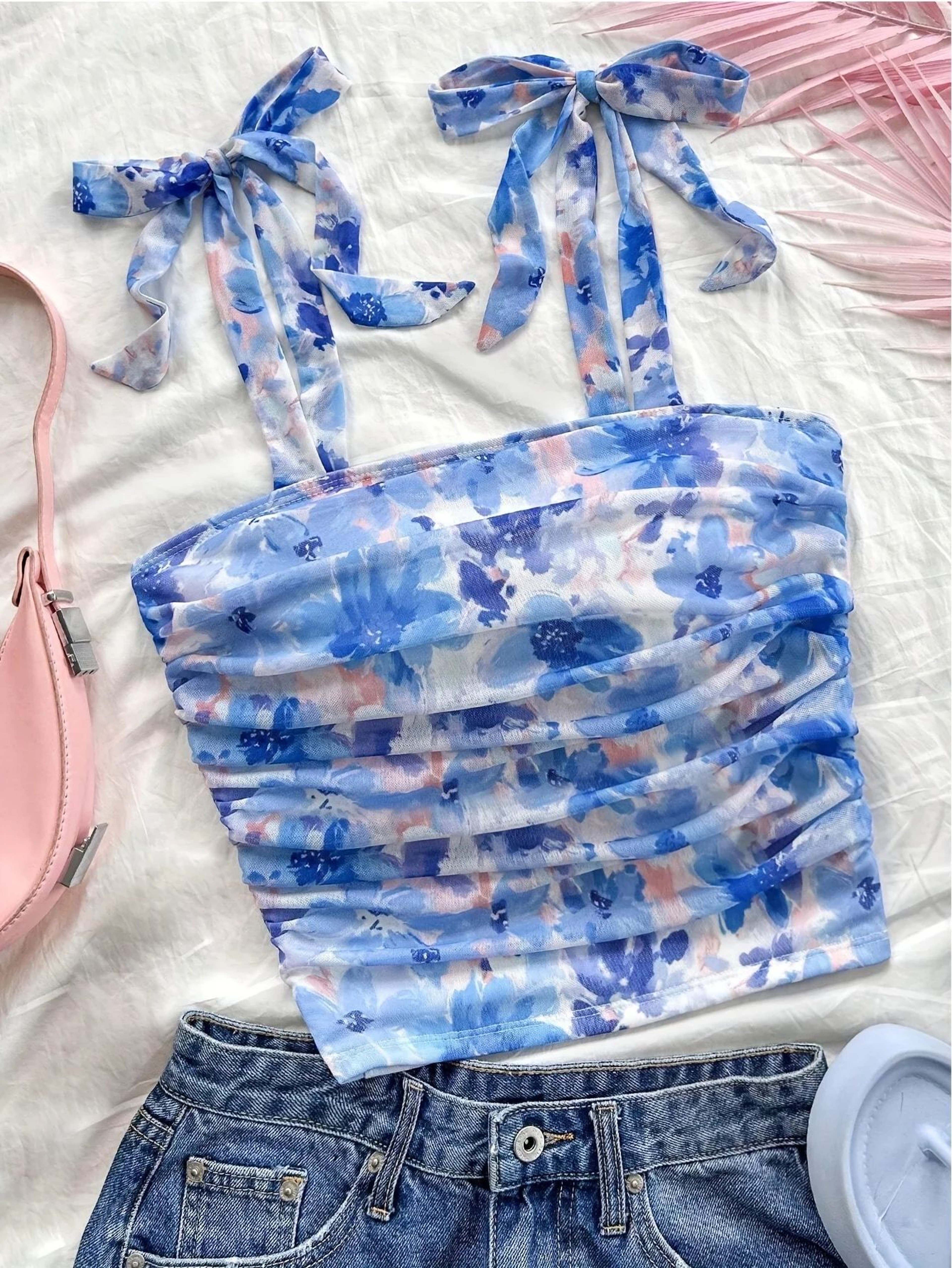 Solid Tie Shoulder Ruched Crop Cami  Y2K Backless Bow Streetwear Top 10