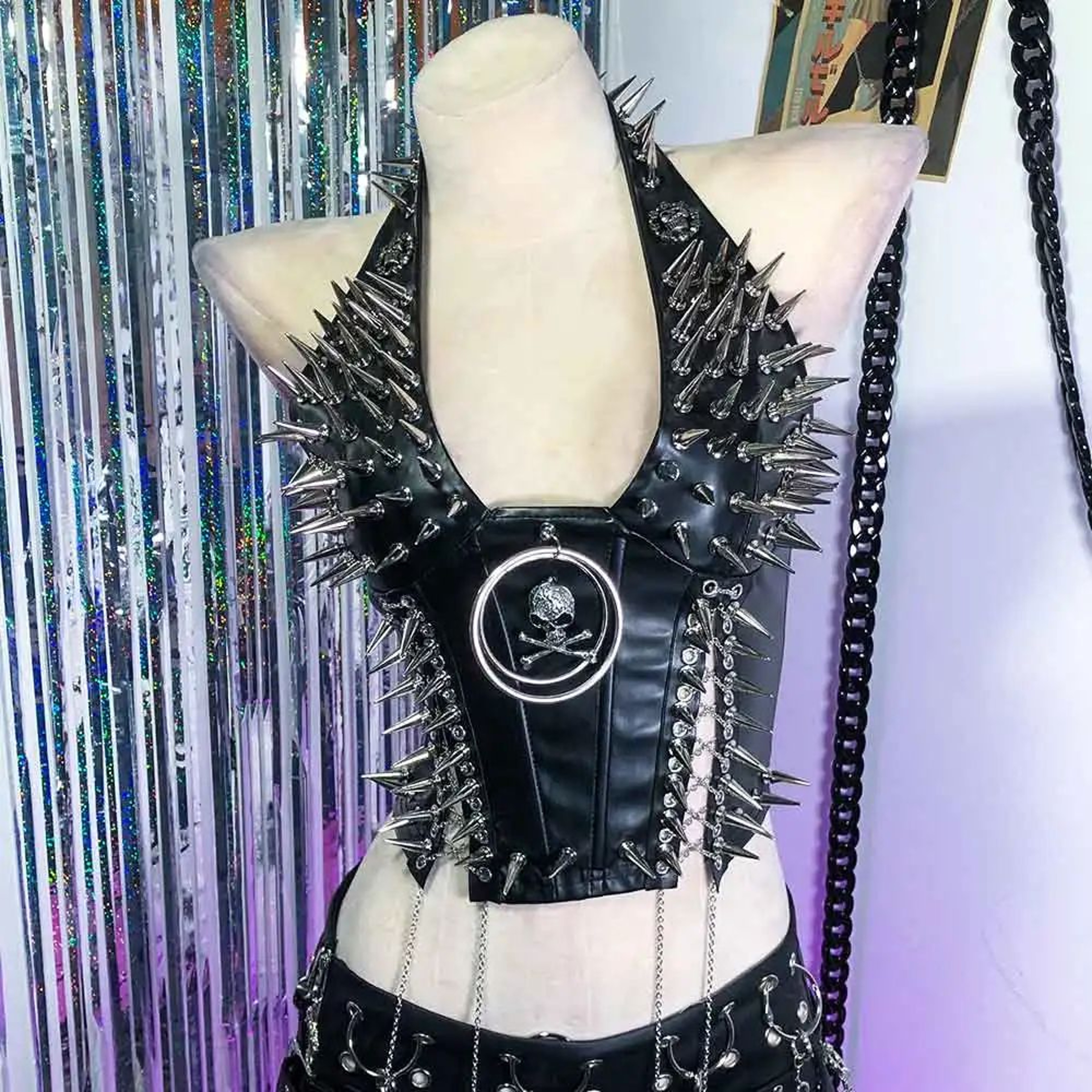 Gothic PU Leather Spike Tank Top  Rivet Y2K Cyber Punk Crop 20