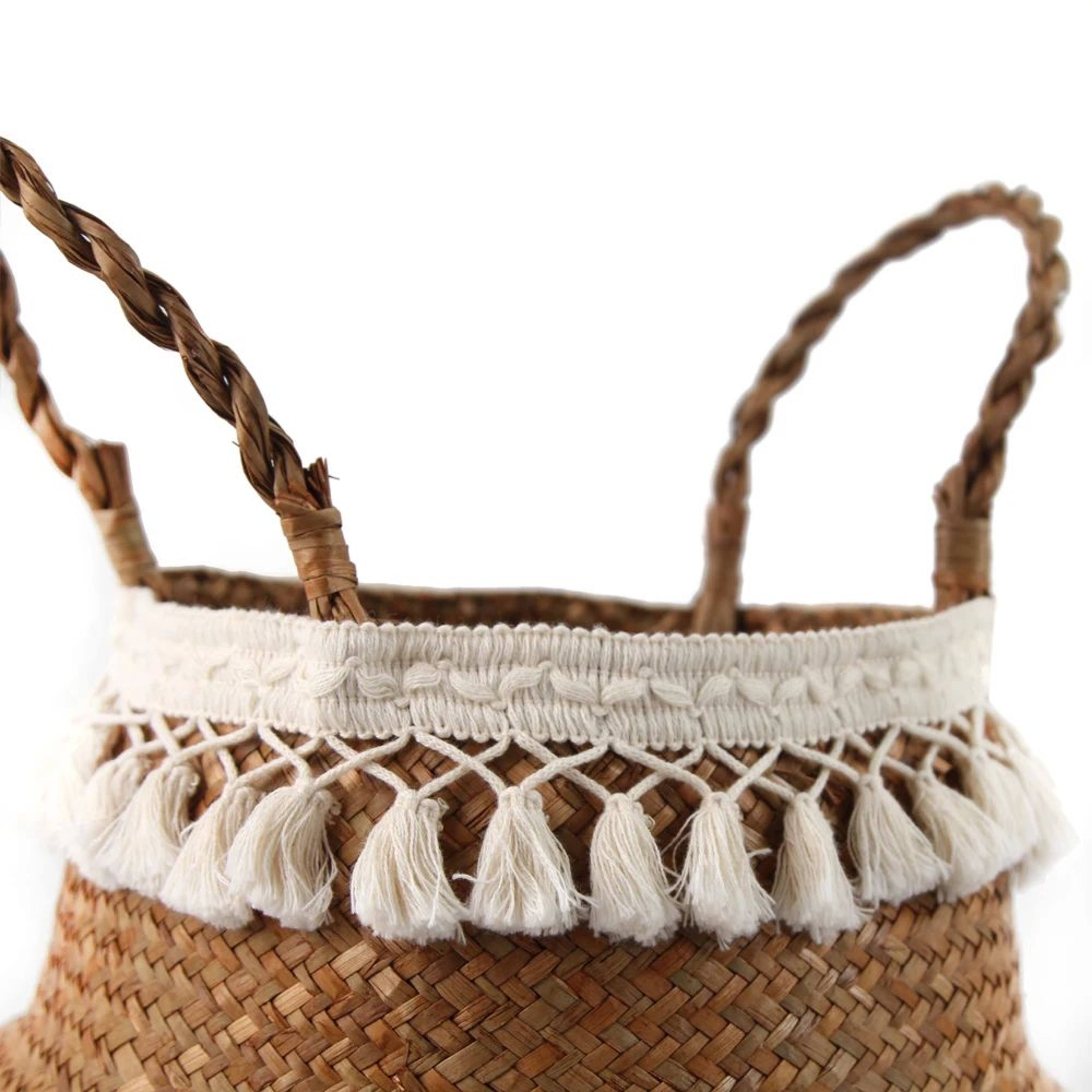 Macrame Seagrass Belly Basket With Tassels  Woven Storage Basket For Laundry Toys Plants  Home Deco 4