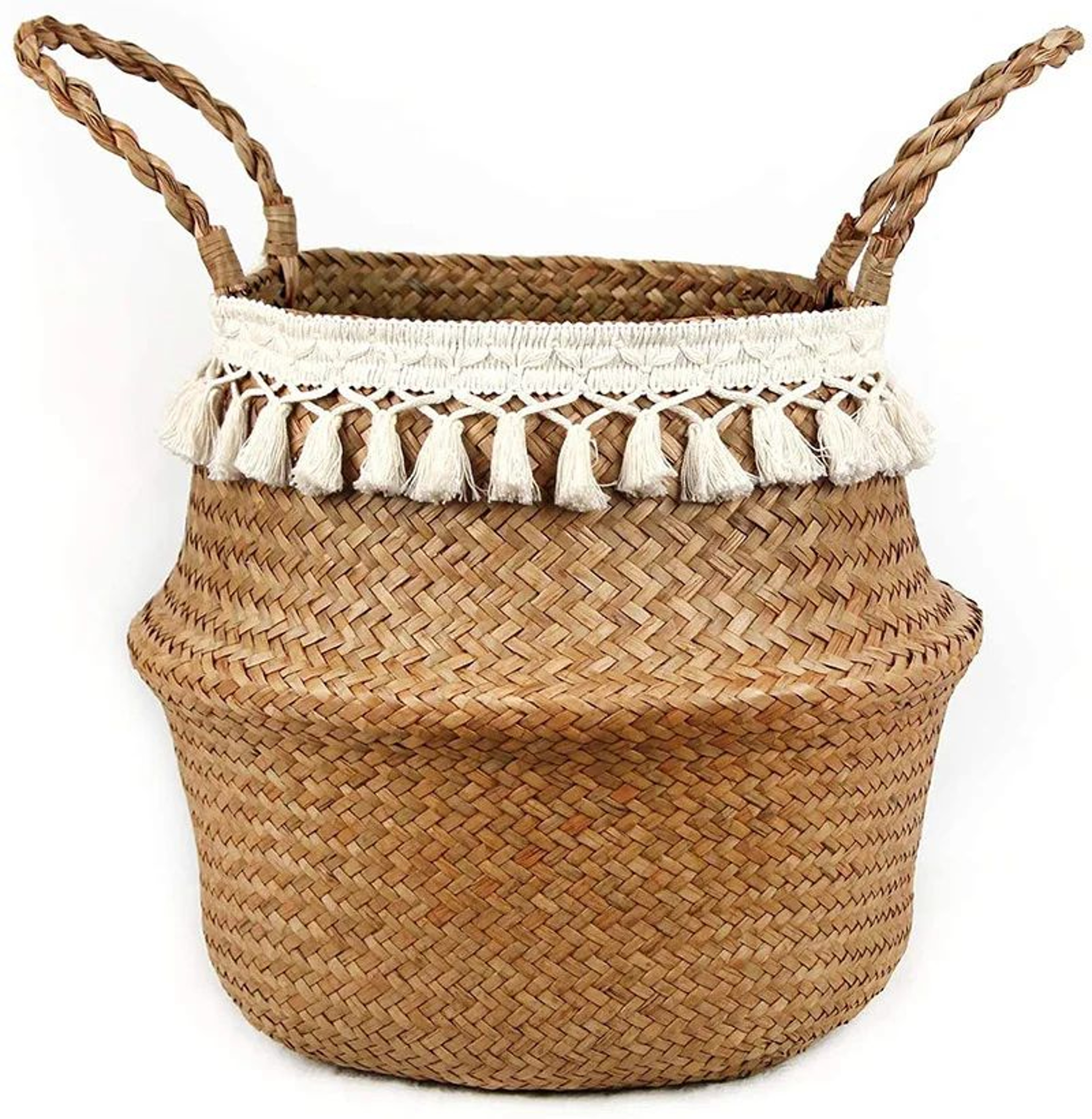 Macrame Seagrass Belly Basket With Tassels  Woven Storage Basket For Laundry Toys Plants  Home Deco 6