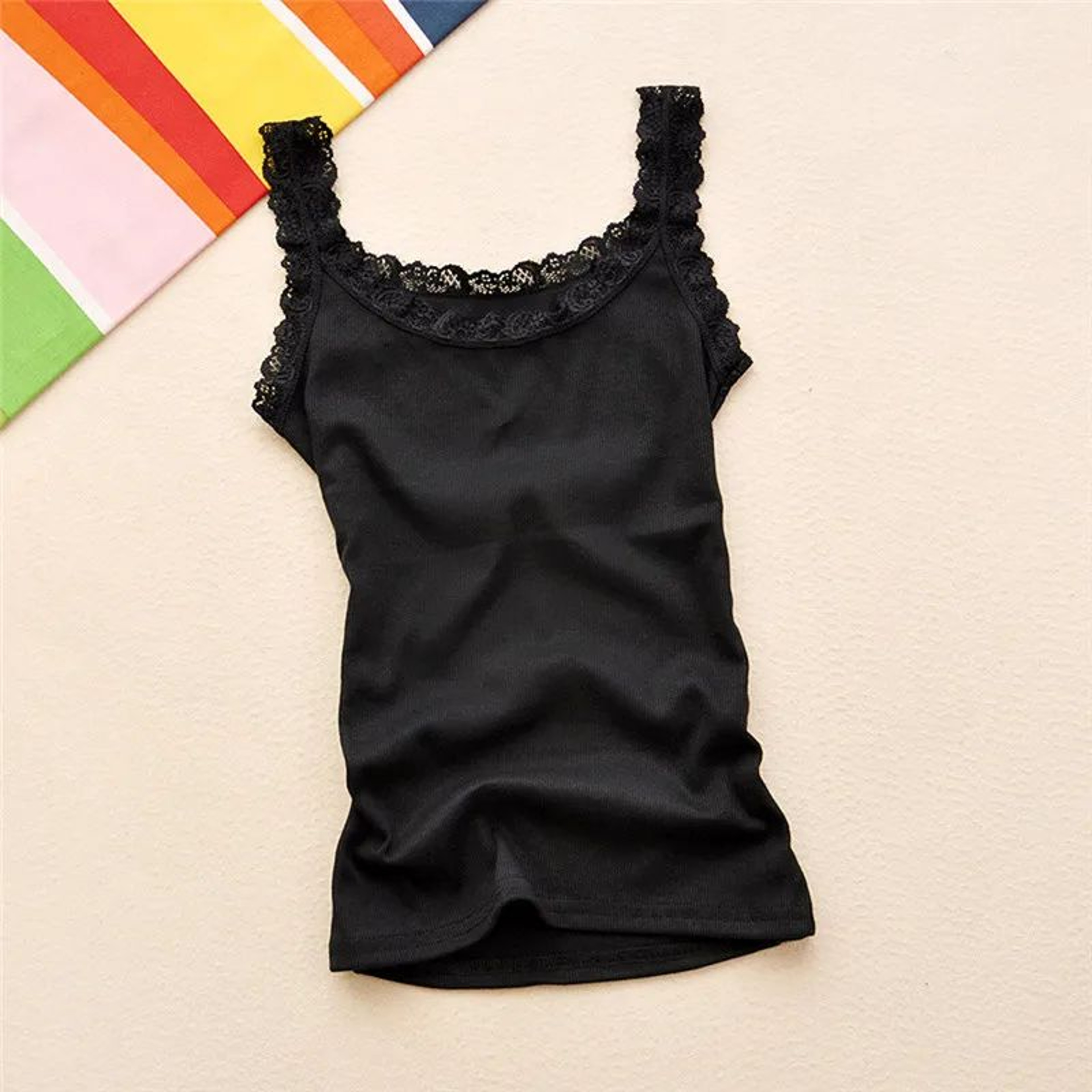 Womens Black Lace Trim Sleeveless Tank Top  Loose Cotton Blend Camisole Vest 6