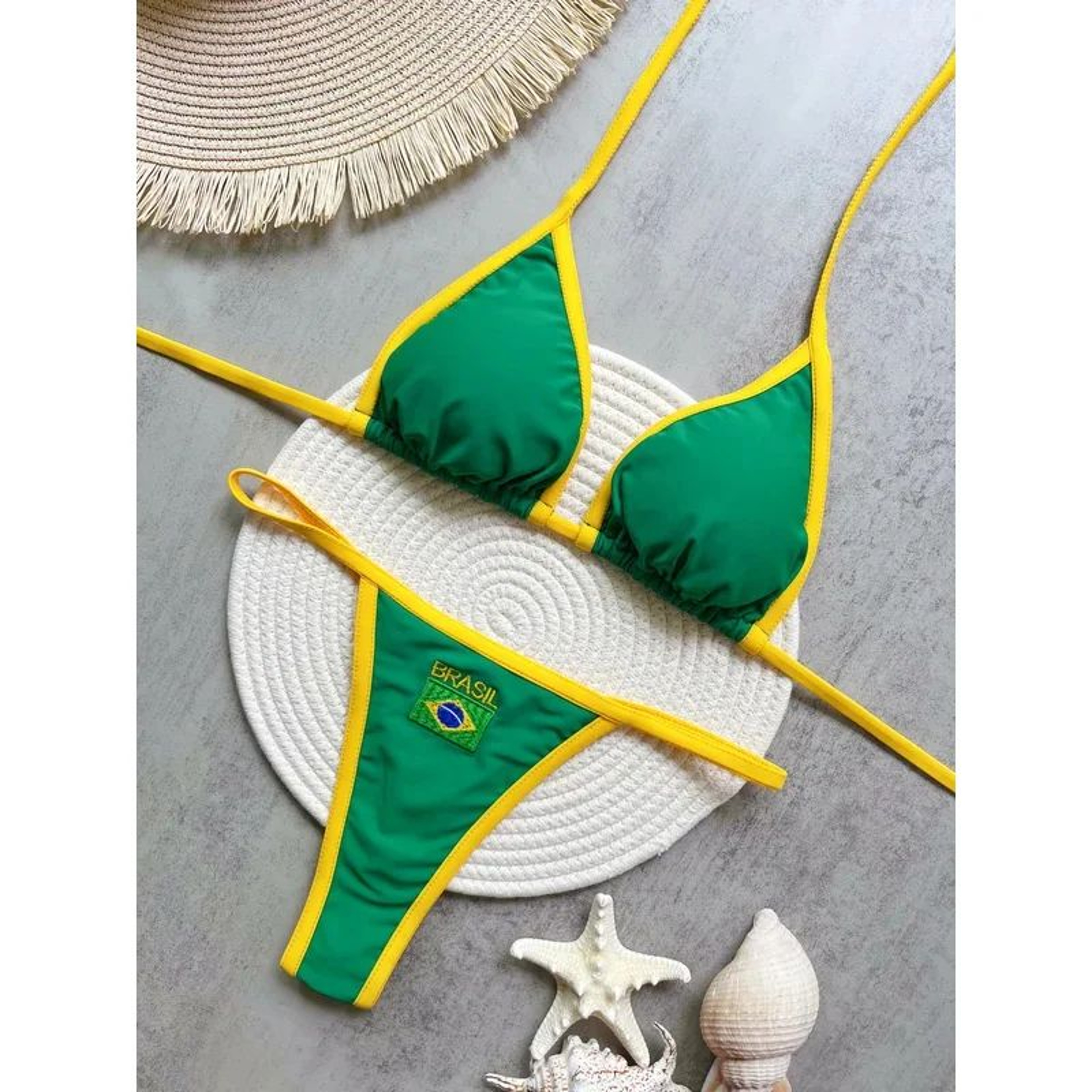 Embroidered Brazil Flag Bikini Set  Contrast Patchwork Low Waist Beach Swimsuit 1