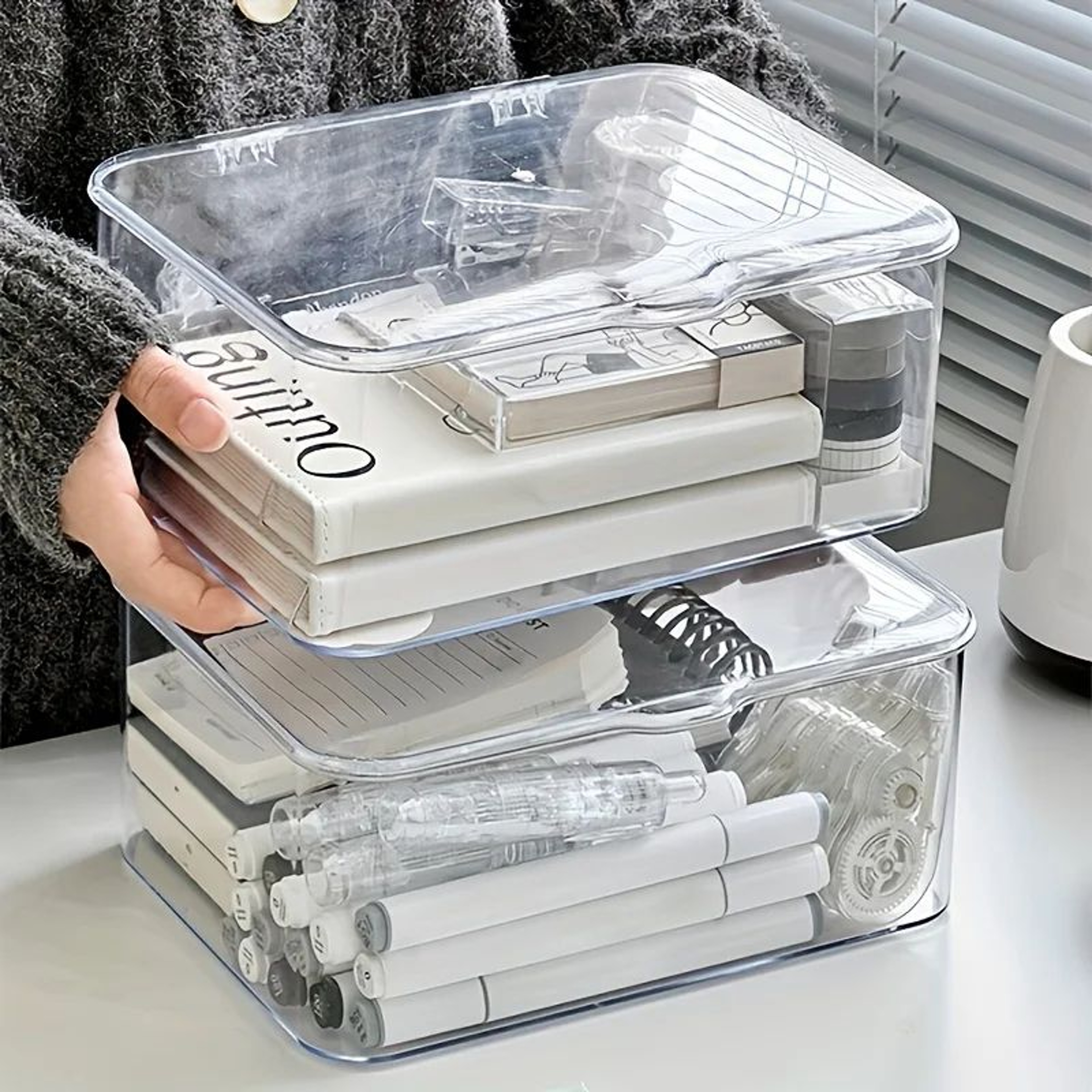 ClarityPro Acrylic Clamshell Storage Organizer Box  Clear Desktop  Home Office Storage Case 0