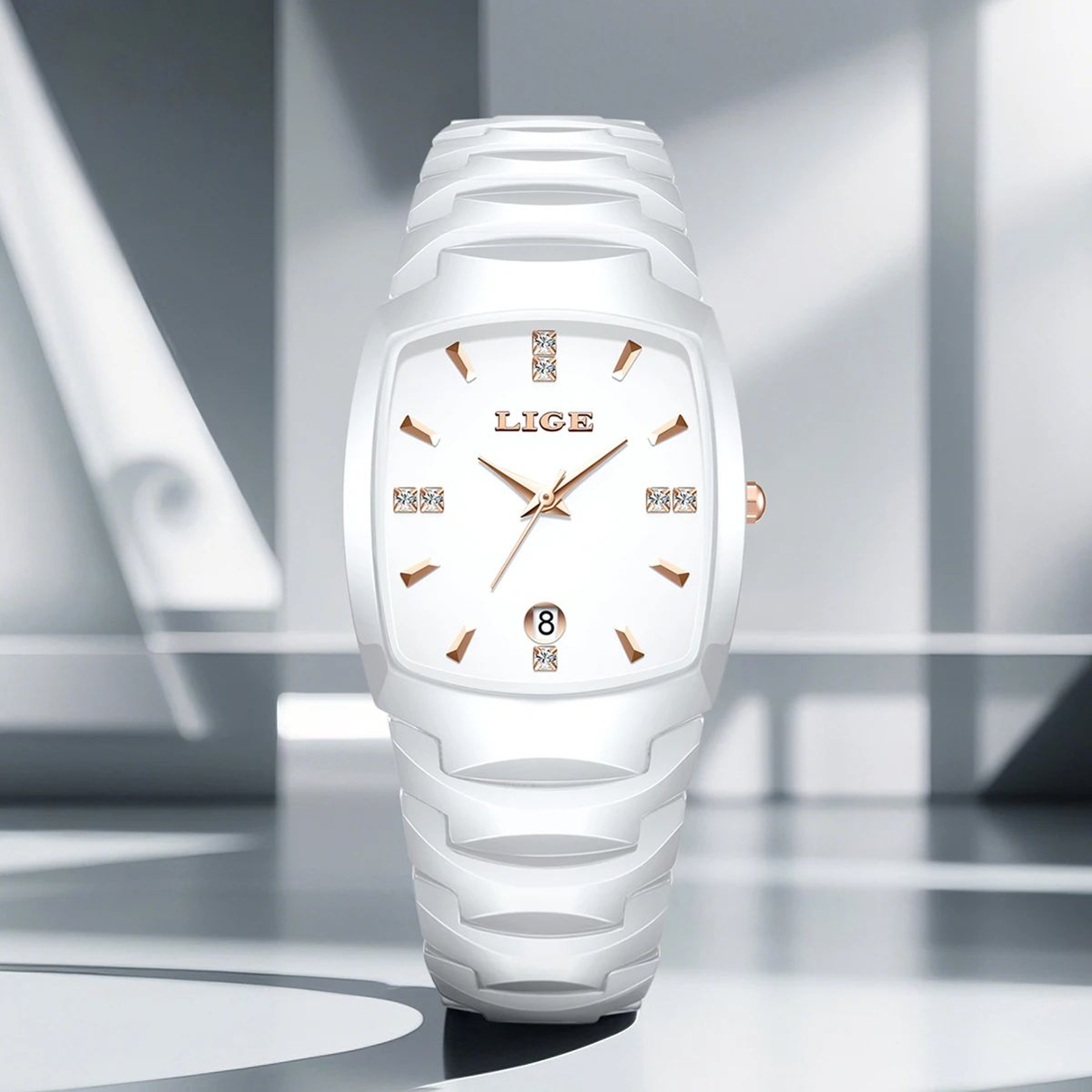LIGE Elegant Square Womens Quartz Watch  Luxury Ceramic Stainless Calendar Ladies Wristwatch 2