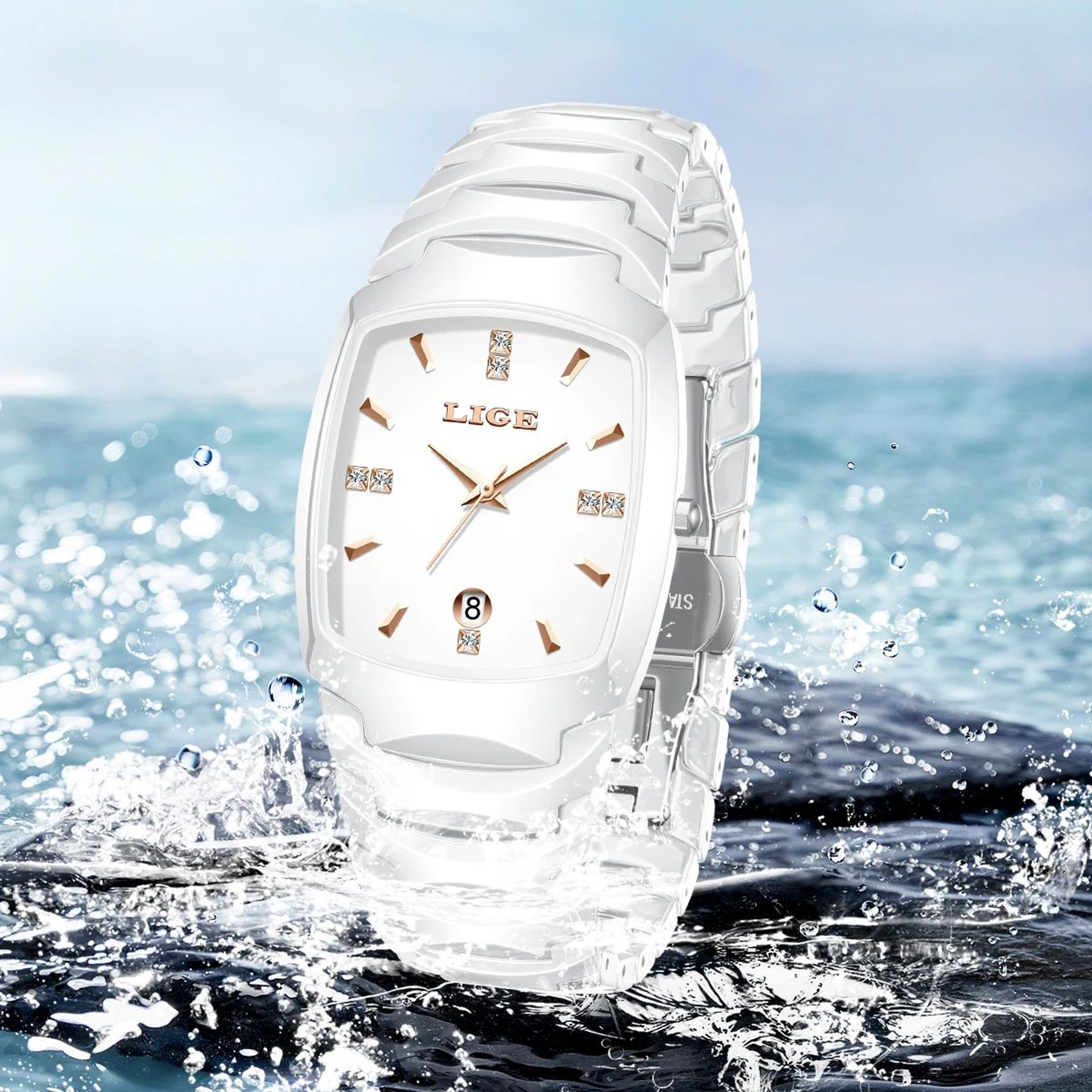 LIGE Elegant Square Womens Quartz Watch  Luxury Ceramic Stainless Calendar Ladies Wristwatch 3
