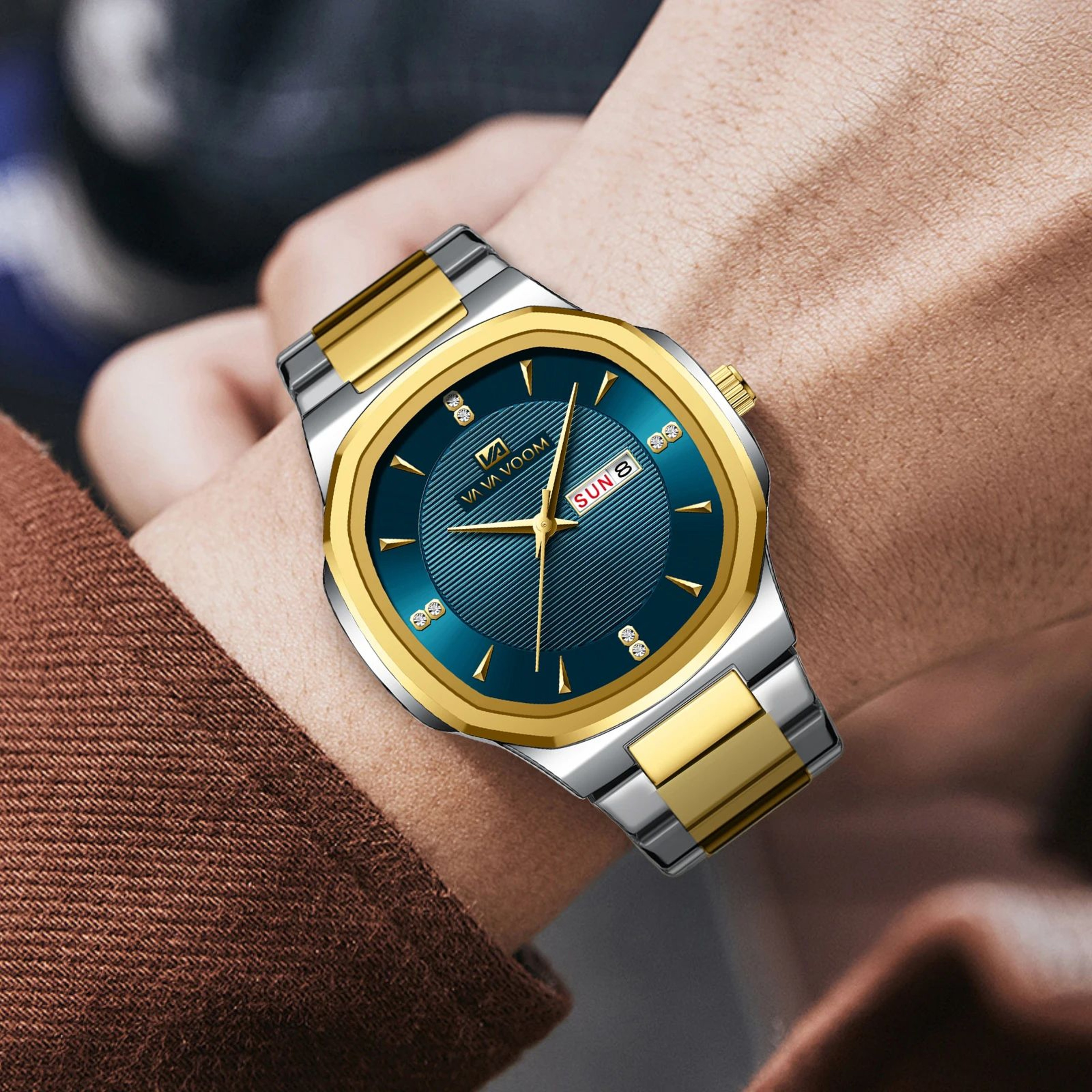 VA VA VOOM Gold Rhinestone Mens Luxury Watch  41MM Stainless Steel Waterproof Quartz Business Timep 2