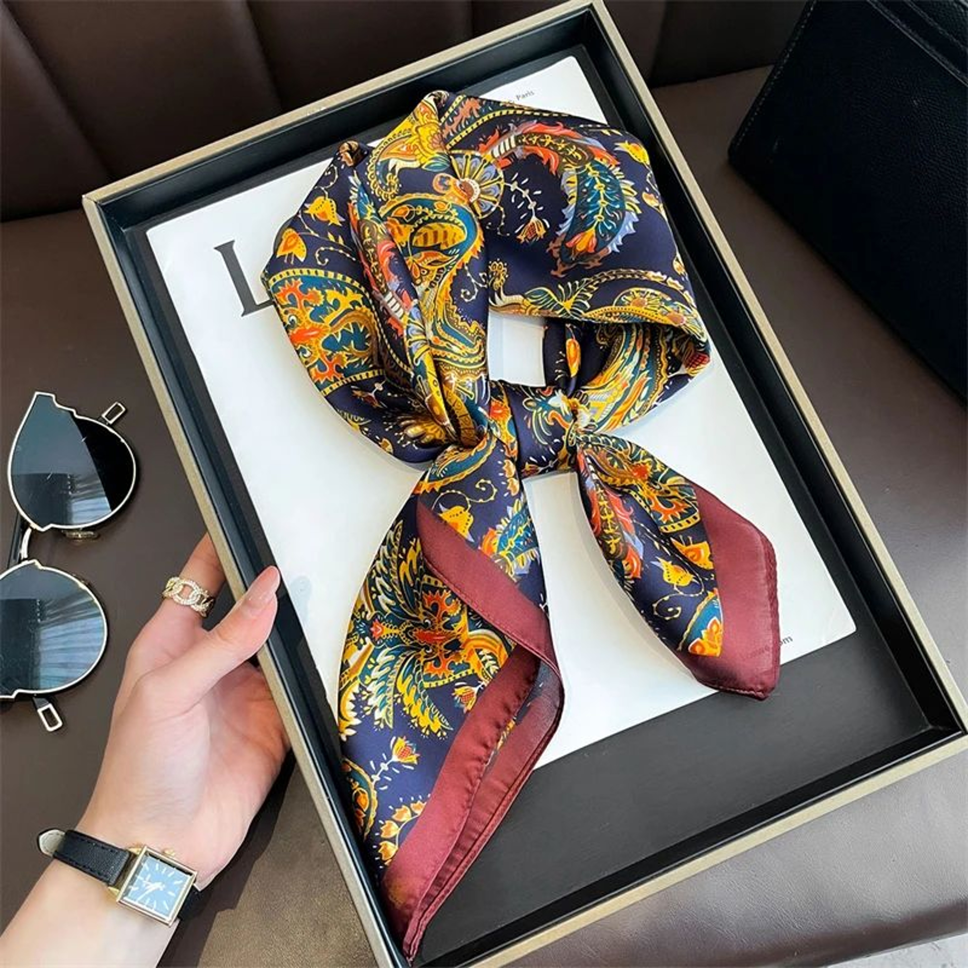 Elegant Lightweight Square Silk Scarf  Breathable Womens Neck  Hair Wrap 17