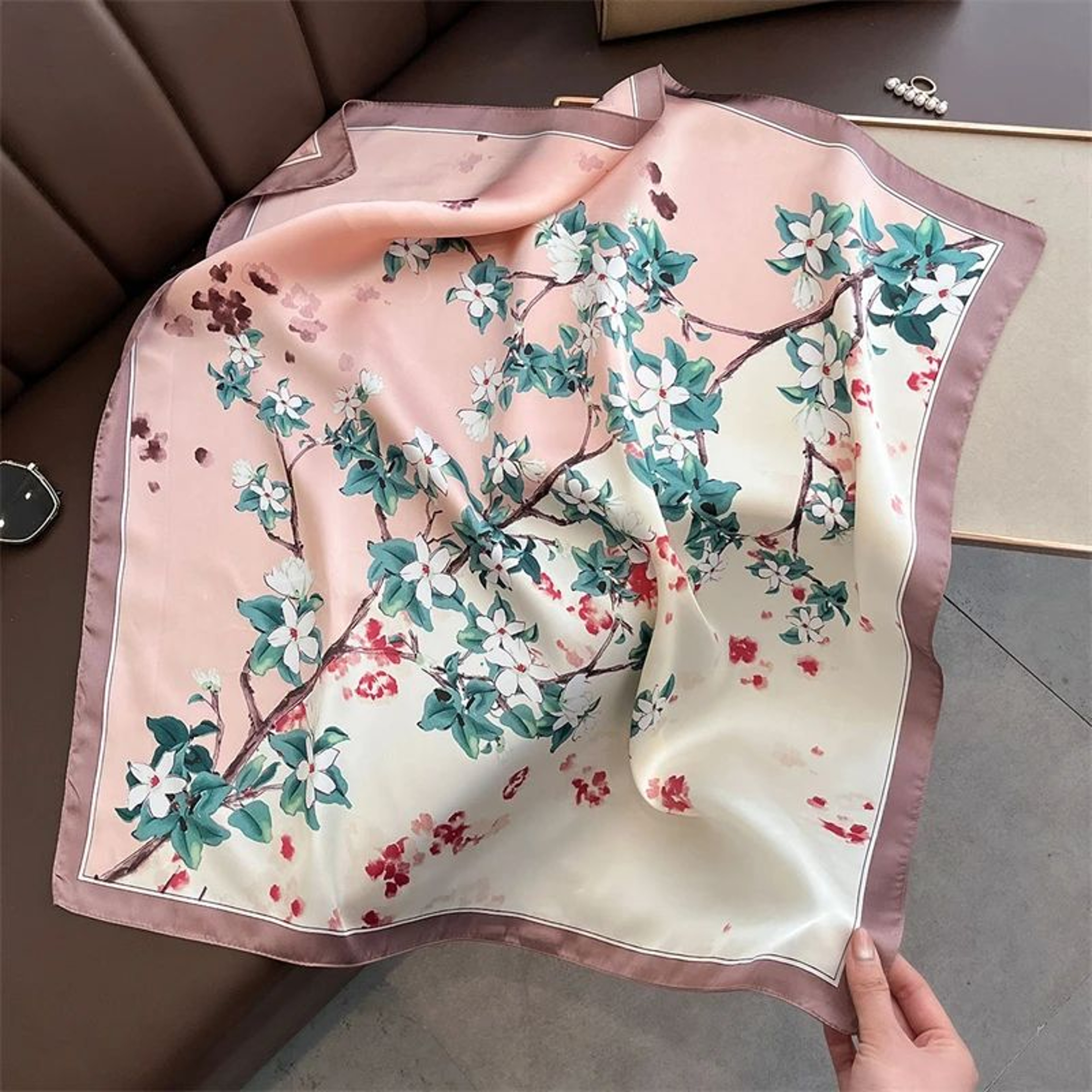 Elegant Lightweight Square Silk Scarf  Breathable Womens Neck  Hair Wrap 25