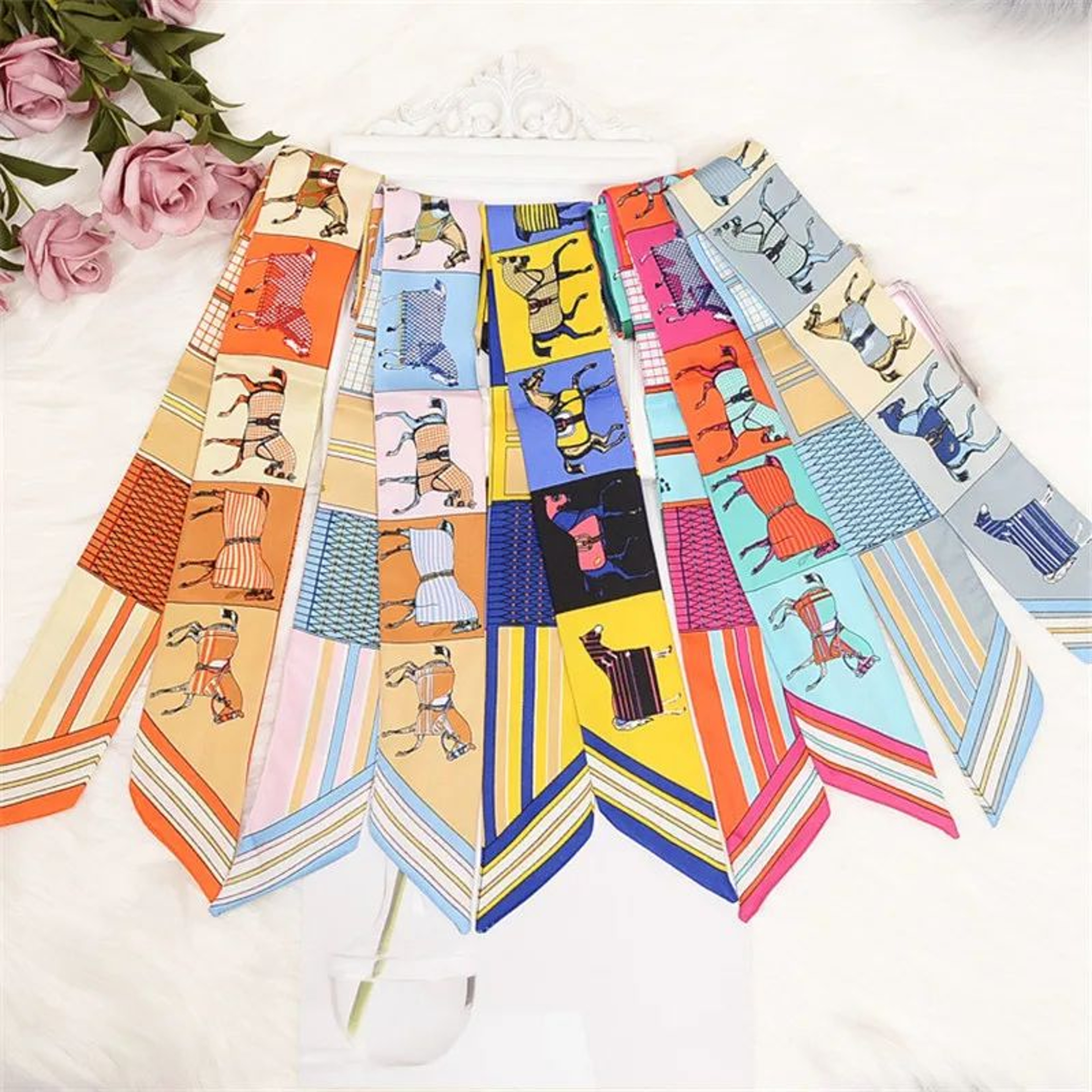 Horse Print Skinny Silk Scarf For Women  Luxury Designer Bag  Hair Tie Ribbon 0