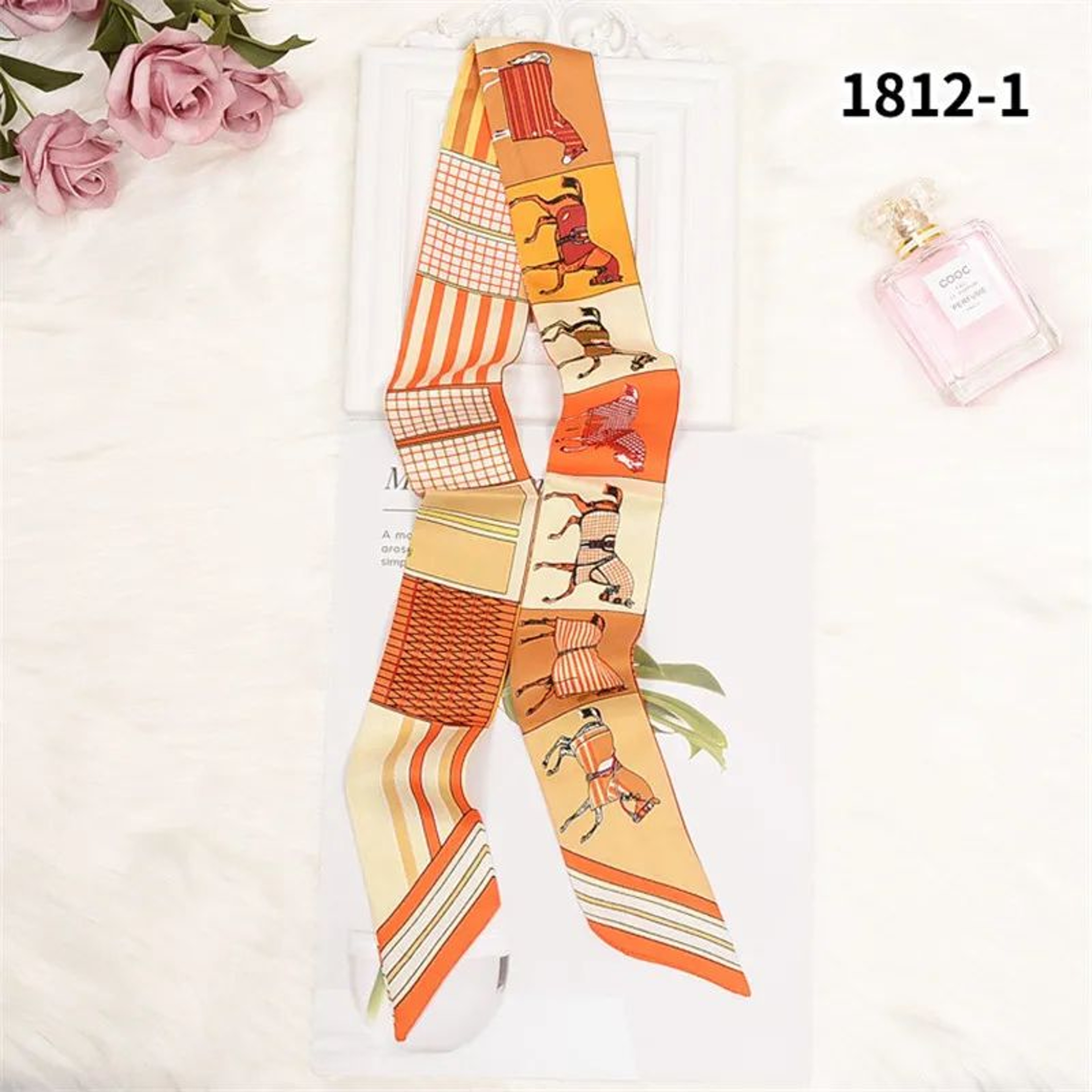Horse Print Skinny Silk Scarf For Women  Luxury Designer Bag  Hair Tie Ribbon 6
