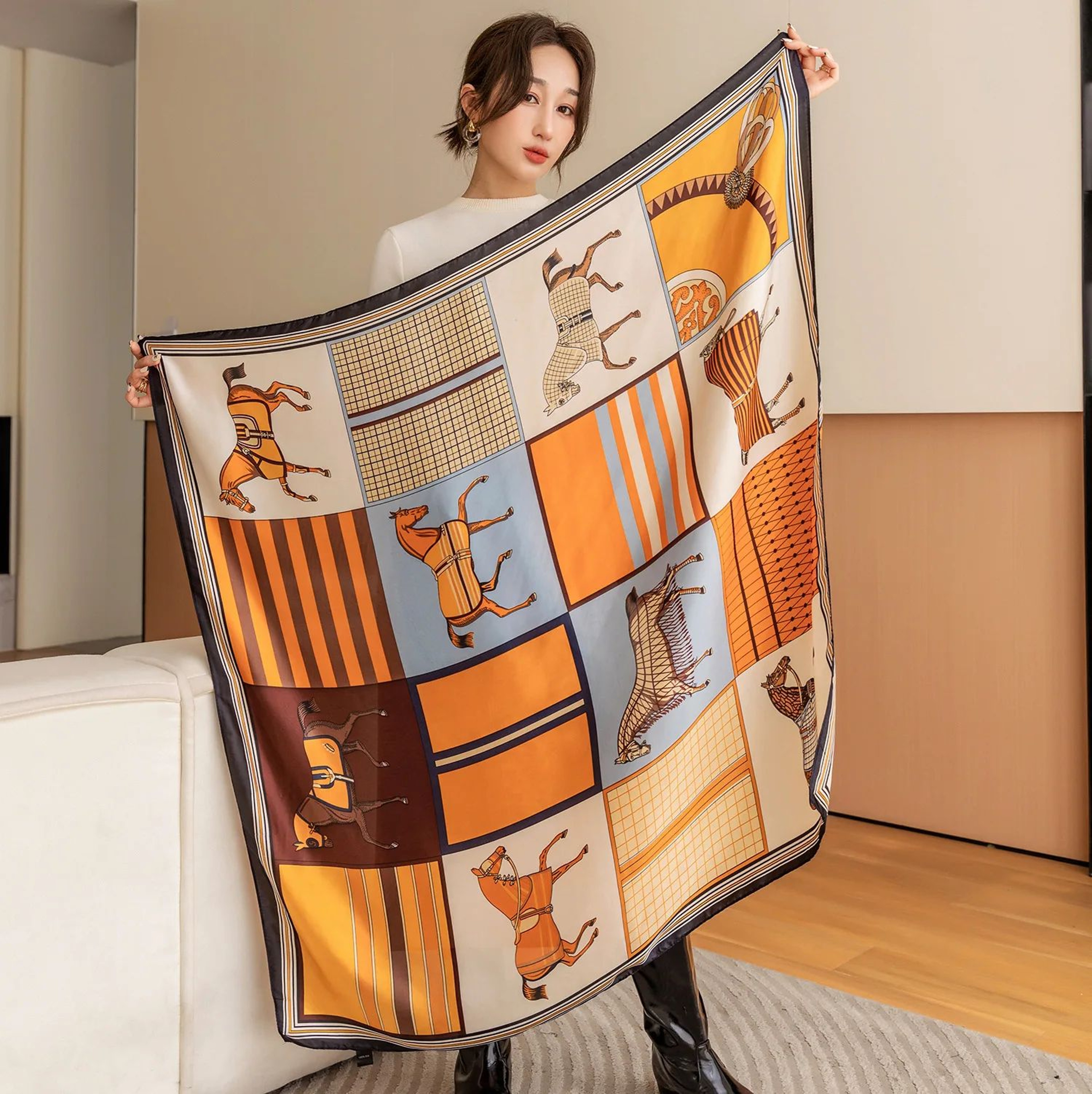 Luxury Horse Print Square Scarf For Women  Vintage SilkLike Animal Shawl Head Wrap 5