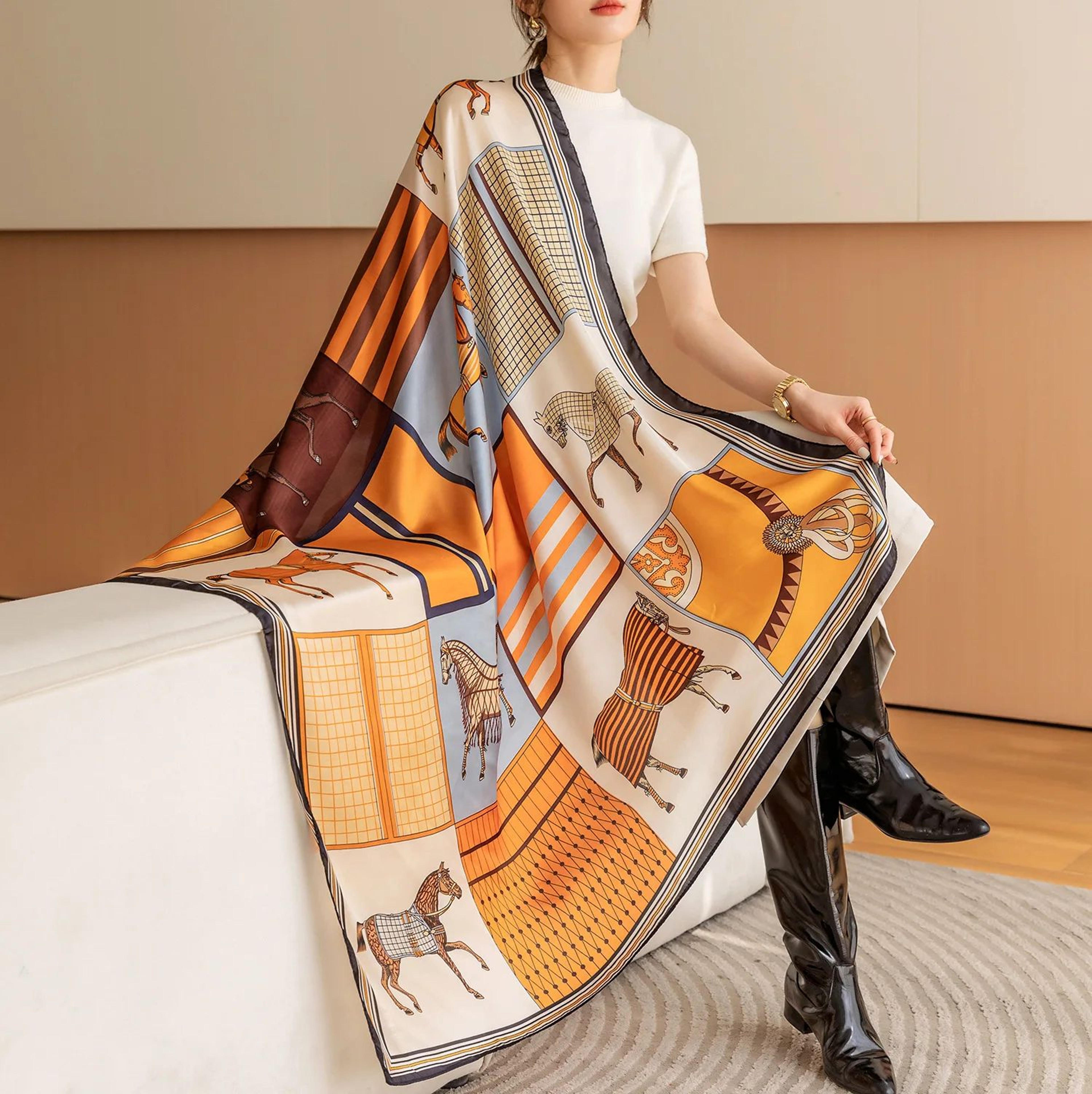 Luxury Horse Print Square Scarf For Women  Vintage SilkLike Animal Shawl Head Wrap 7