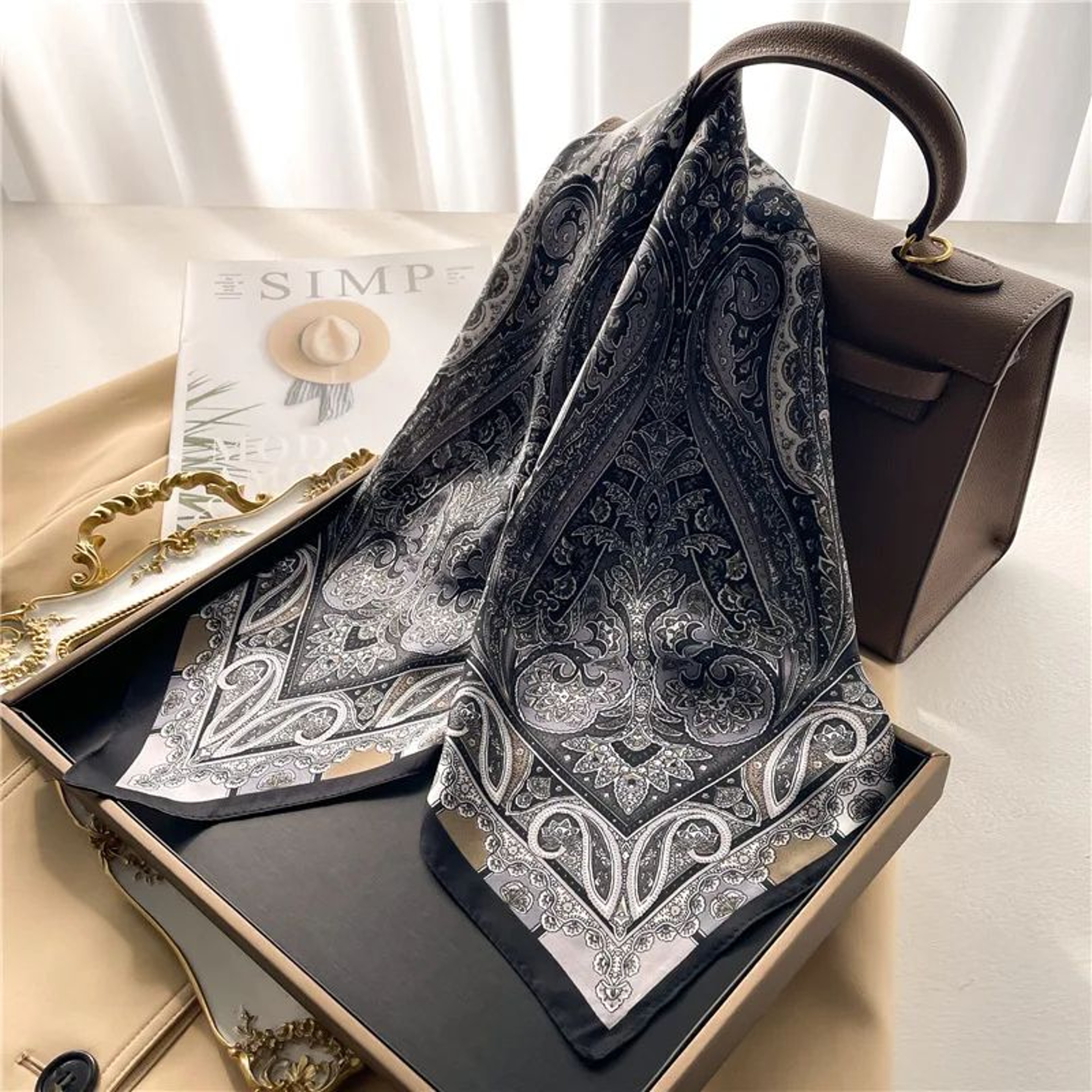 Paisley Print Satin Square Scarf For Women  Lightweight SilkFeel Neck  Head Bandana 8