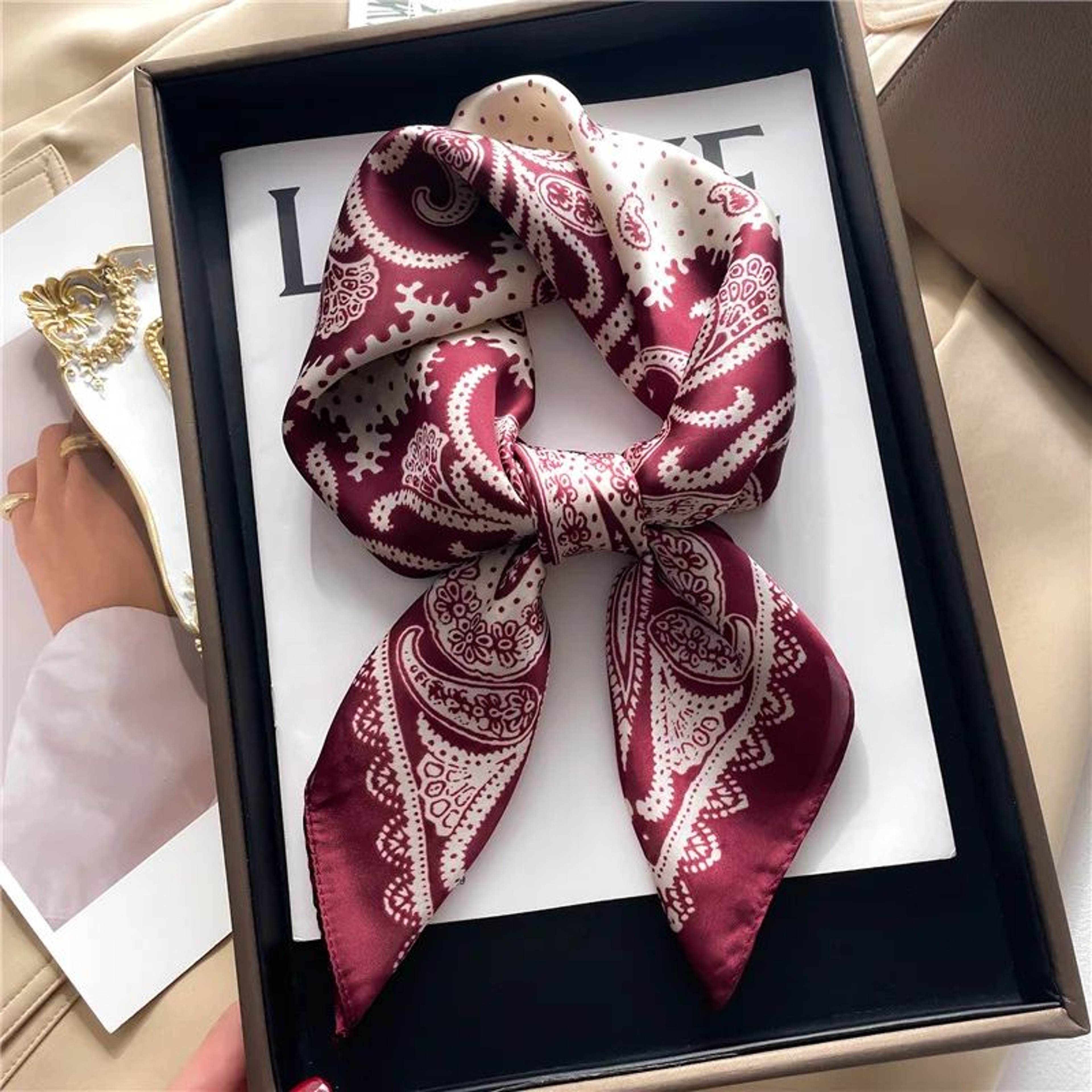 Paisley Print Satin Square Scarf For Women  Lightweight SilkFeel Neck  Head Bandana 11