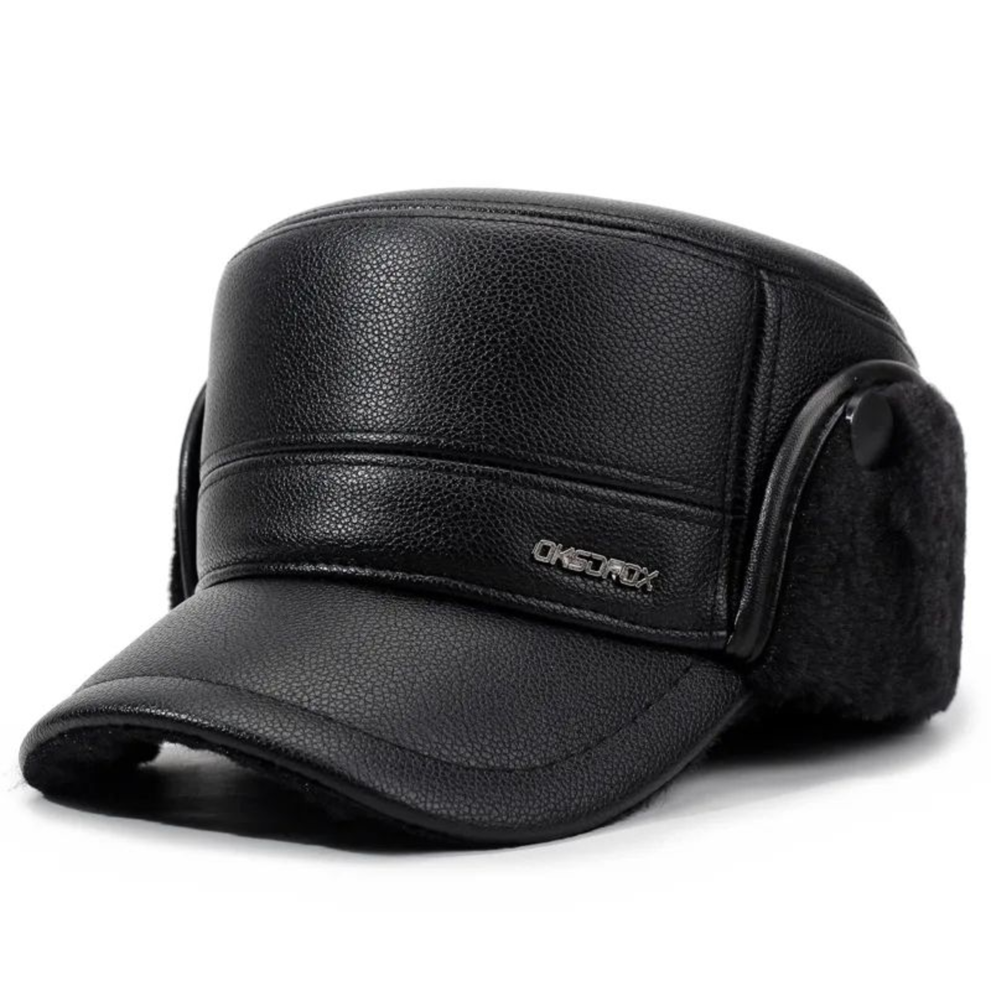 Mens Leather Flat Top Baseball Cap  Warm FleeceLined Winter Ear Protection Hat 5