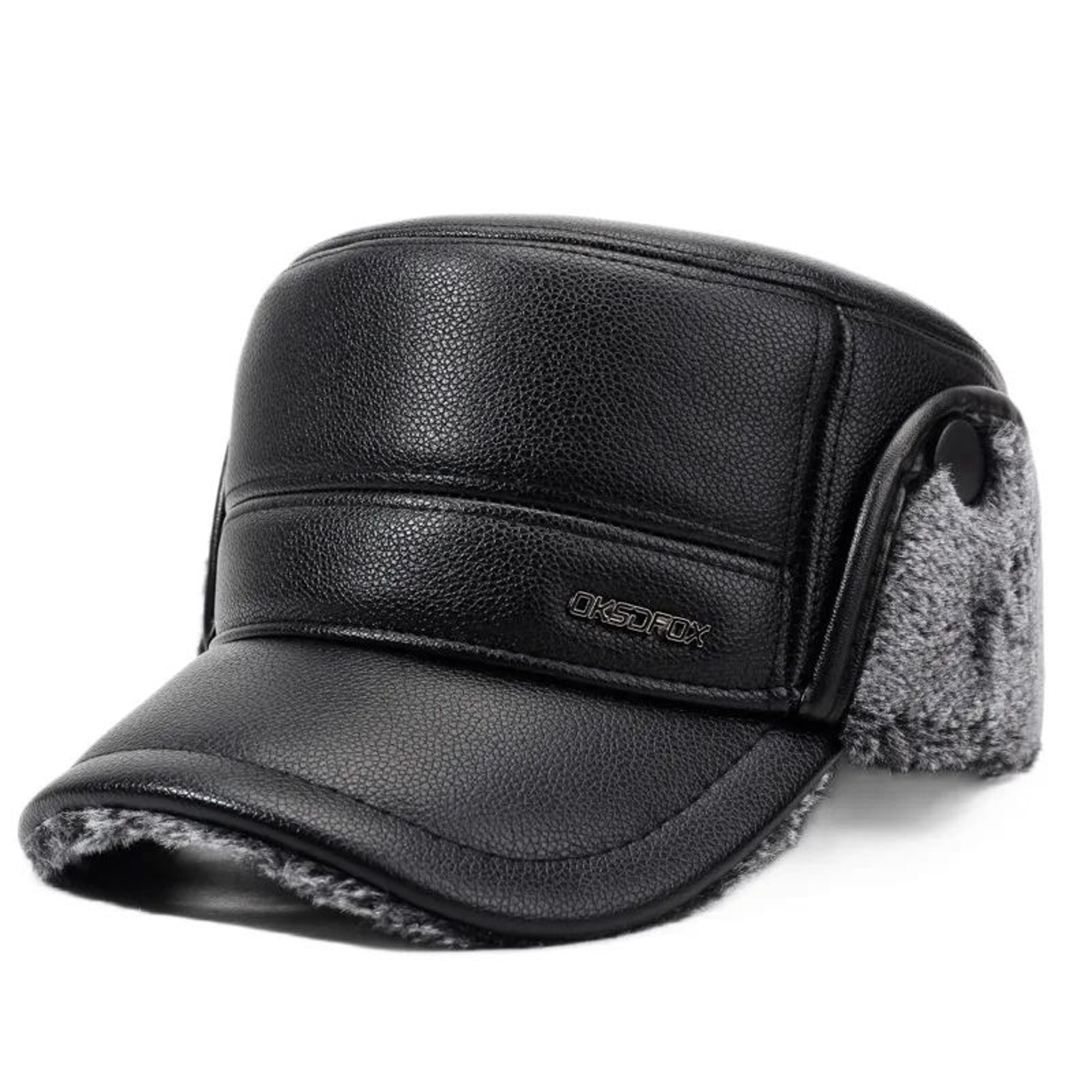 Mens Leather Flat Top Baseball Cap  Warm FleeceLined Winter Ear Protection Hat 7