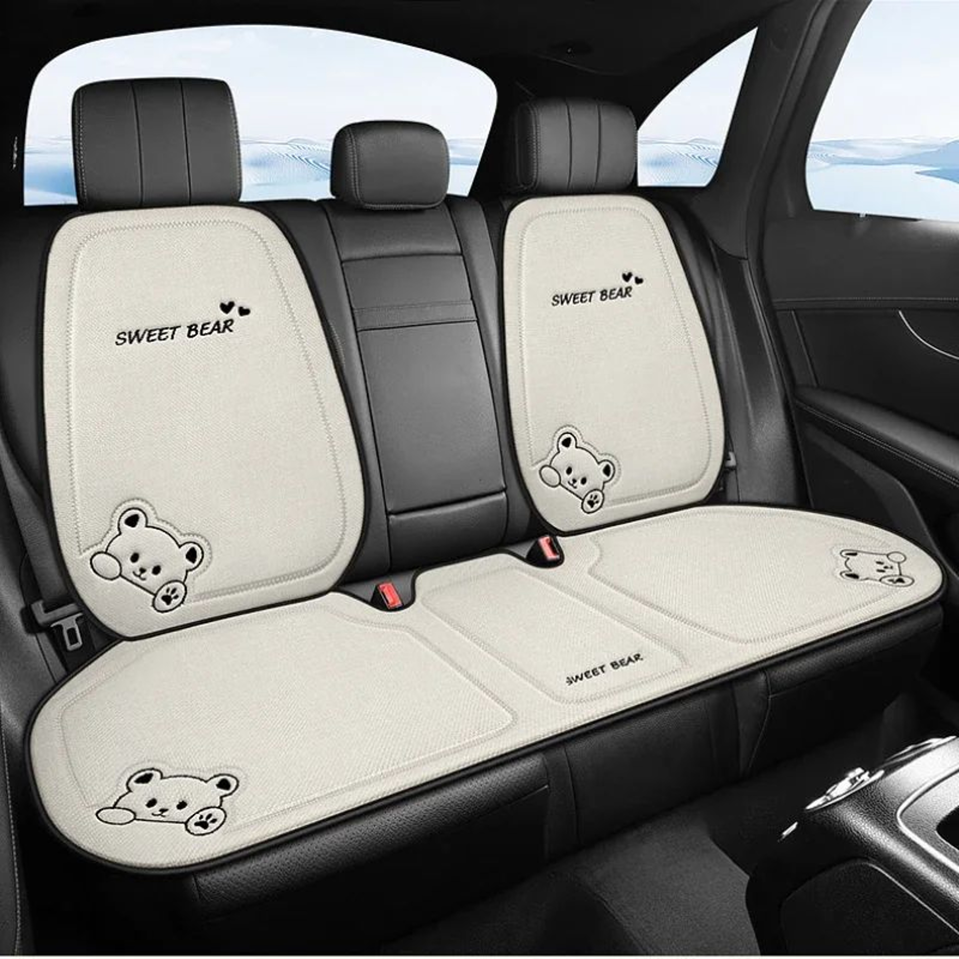 Luxury Cartoon Bear Linen Car Seat Cushion Cover Set  AntiSlip Breathable Universal Fit For Front   0