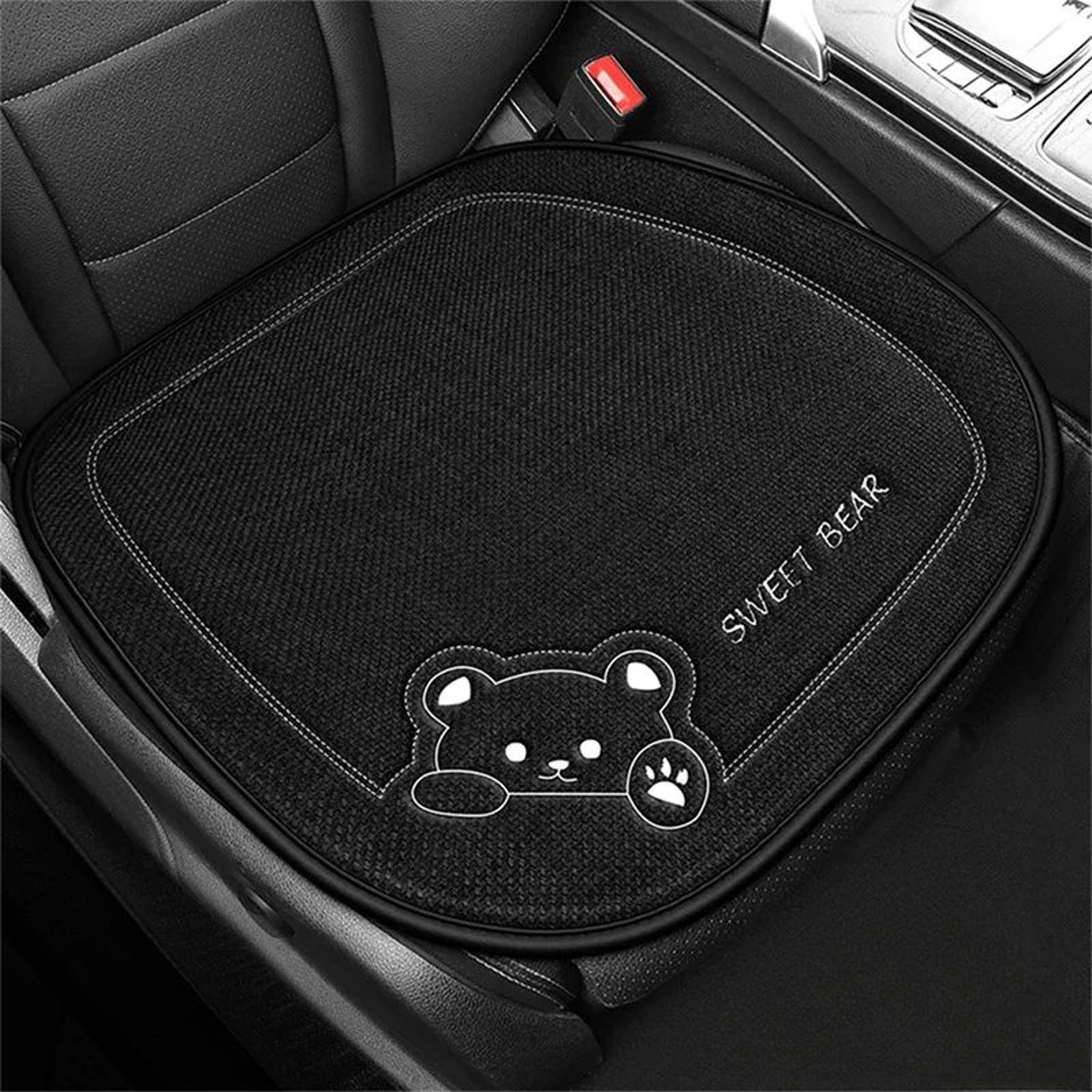 Luxury Cartoon Bear Linen Car Seat Cushion Cover Set  AntiSlip Breathable Universal Fit For Front   3