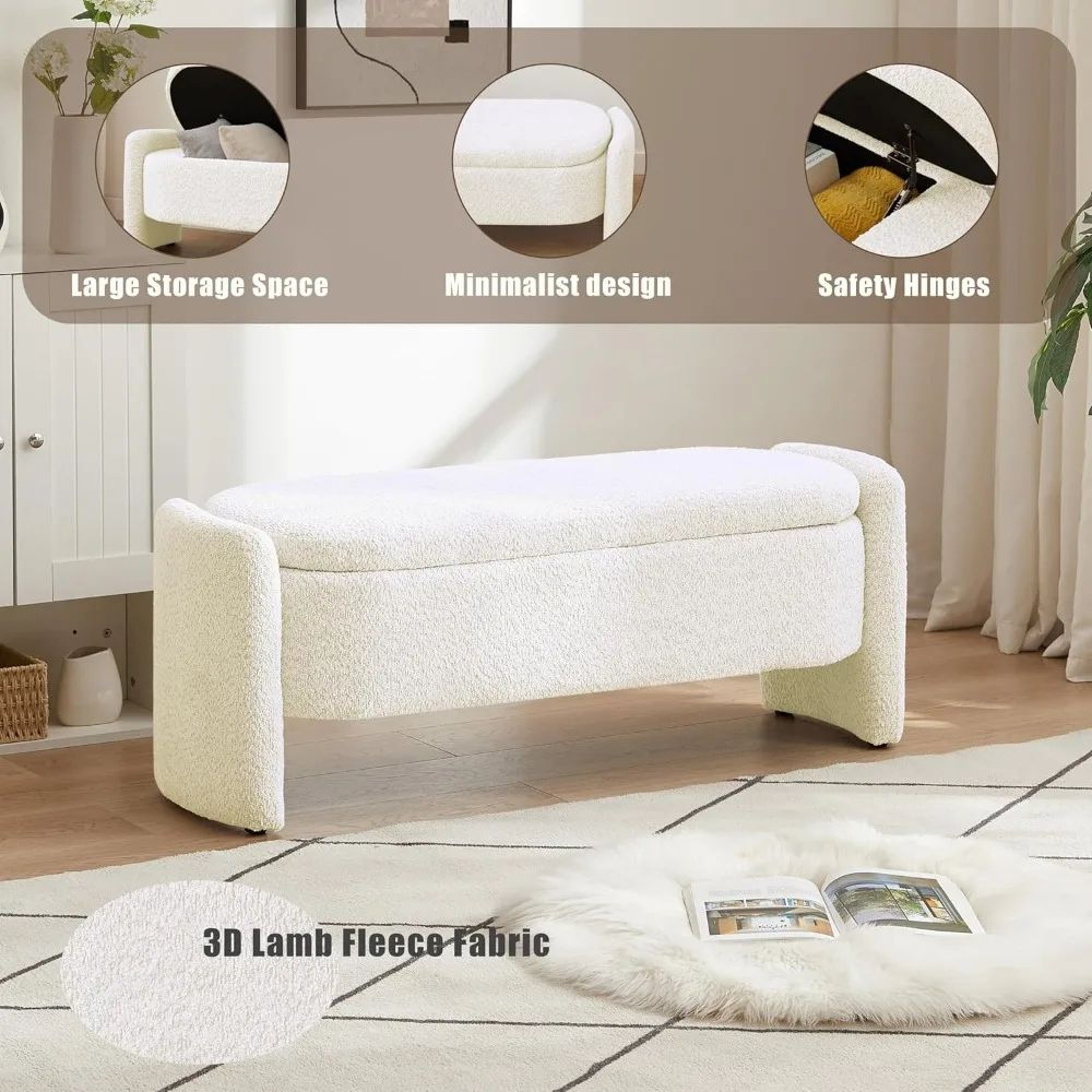 Modern Lamb Fleece Storage Ottoman Bench  47in Upholstered Bedroom  Living Room Storage Seat 4