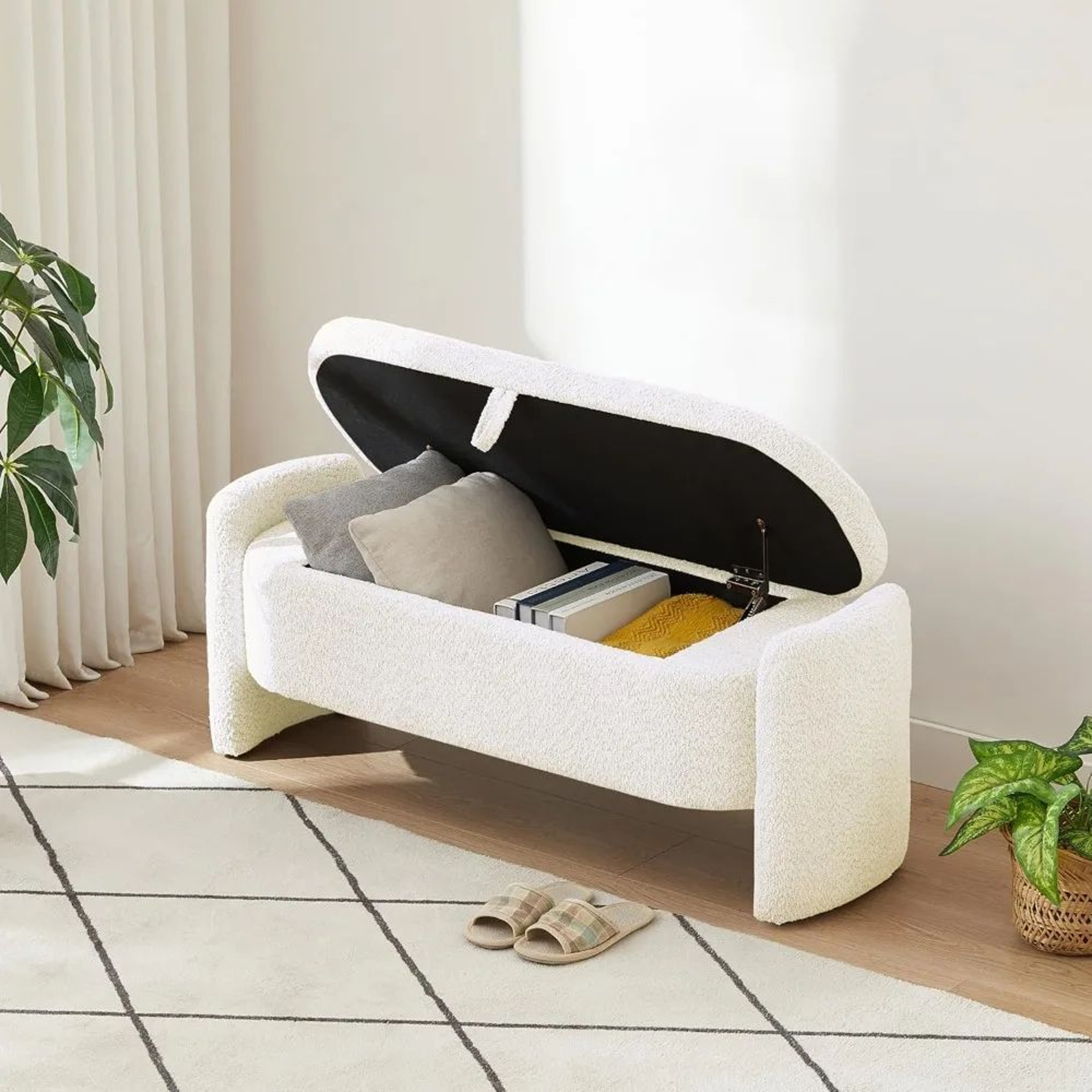 Modern Lamb Fleece Storage Ottoman Bench  47in Upholstered Bedroom  Living Room Storage Seat 5
