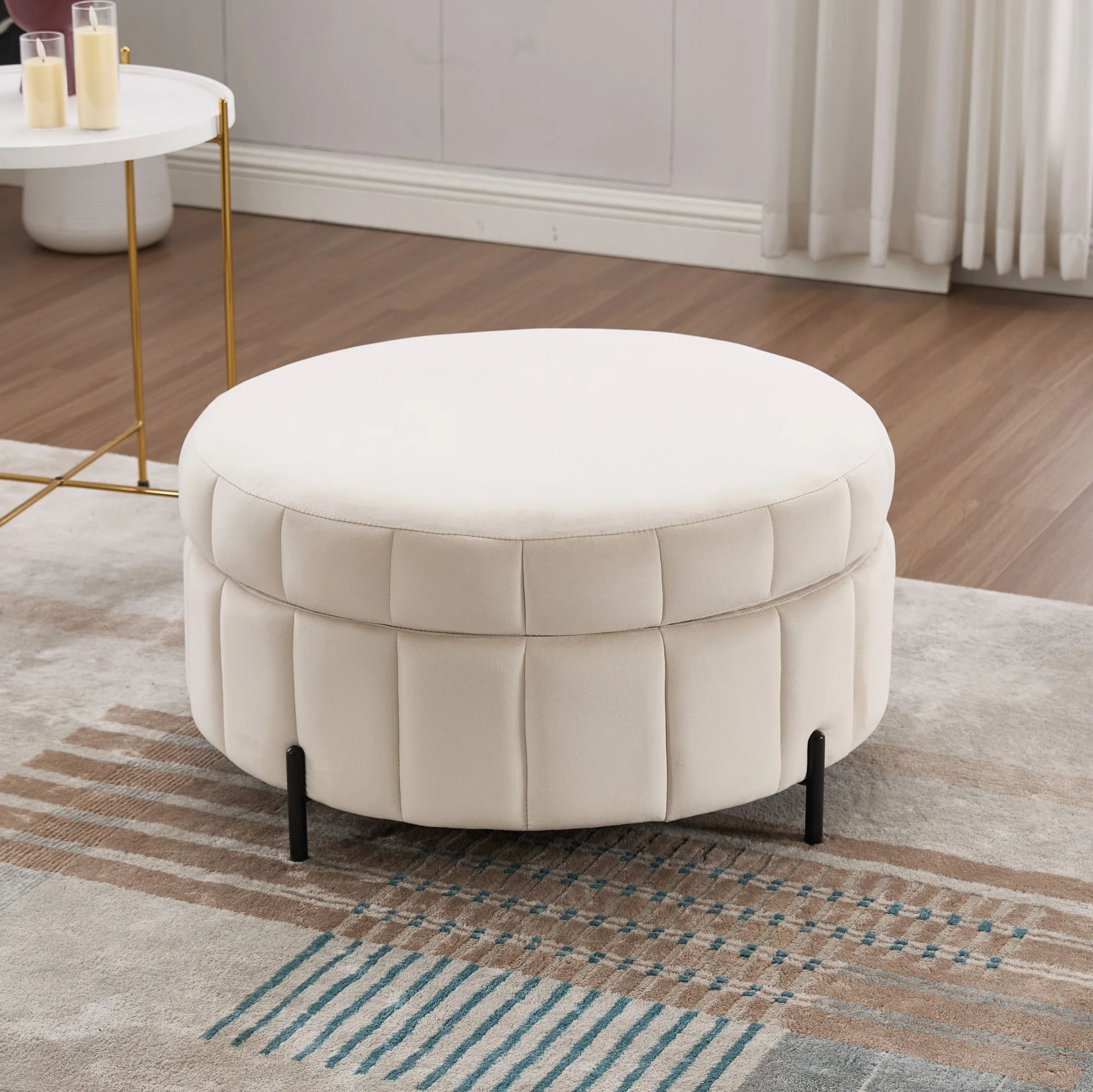 Wavesloop Velvet Pumpkin Round Storage Ottoman  Channel Tufted Upholstered Stool With Reversible Li 0
