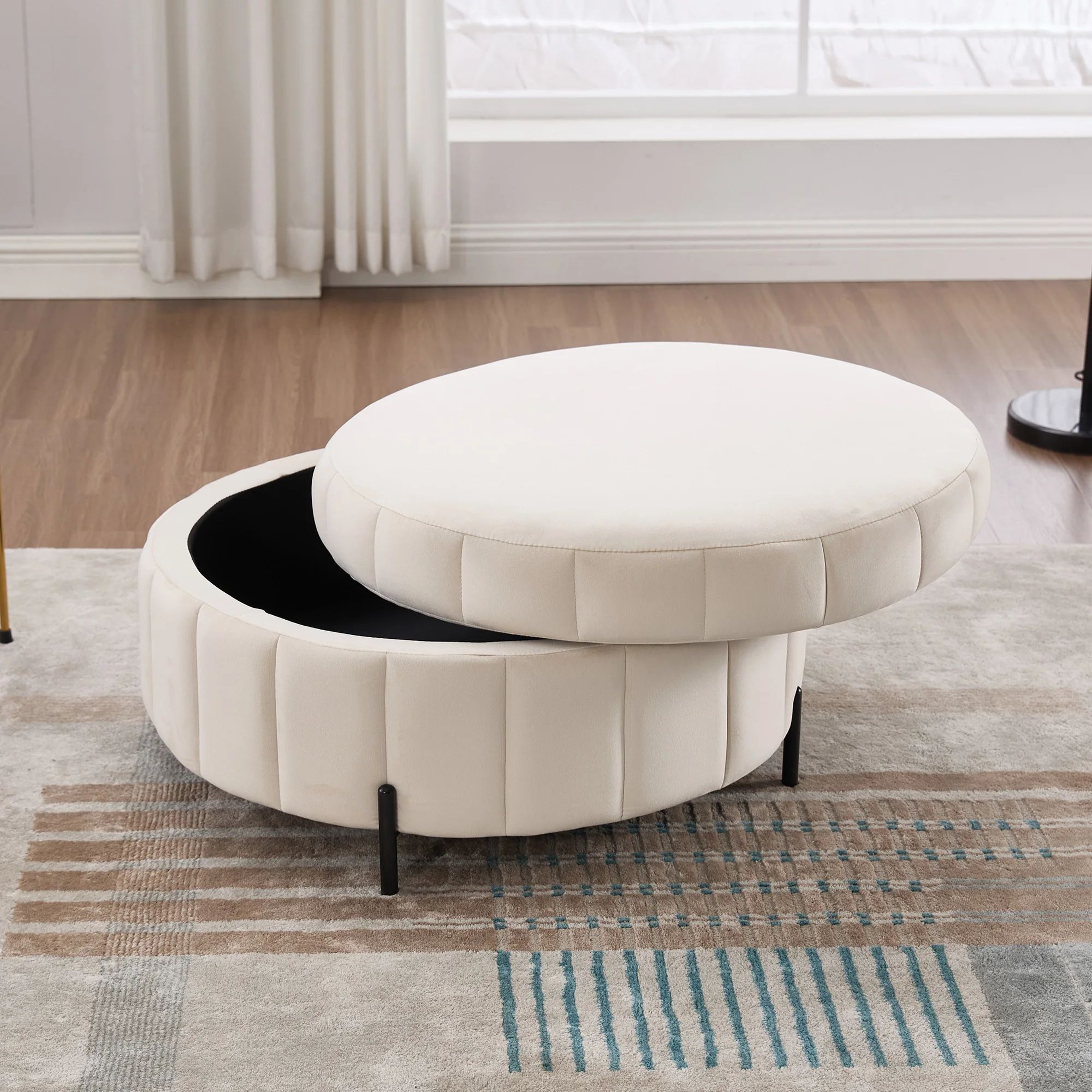 Wavesloop Velvet Pumpkin Round Storage Ottoman  Channel Tufted Upholstered Stool With Reversible Li 3