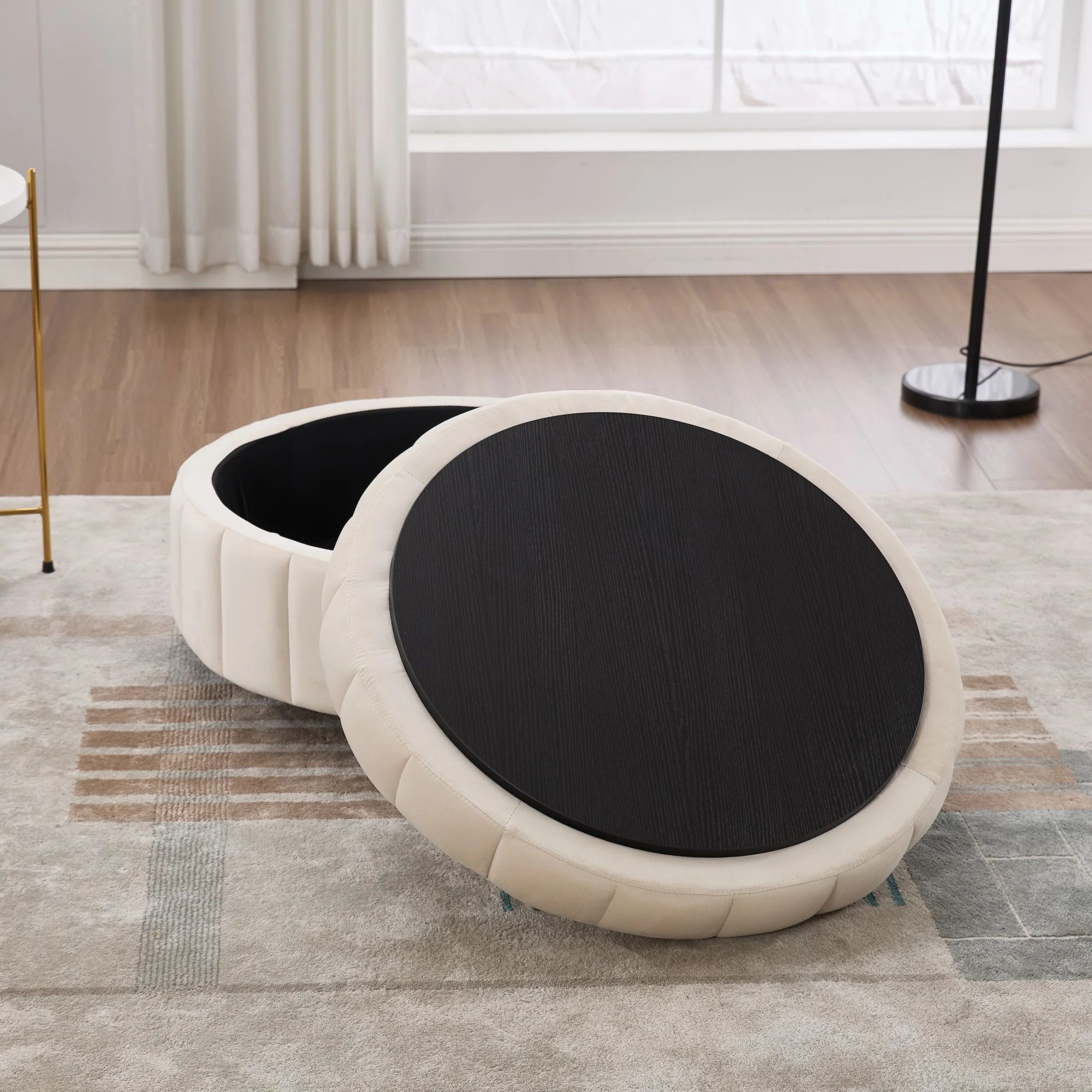 Wavesloop Velvet Pumpkin Round Storage Ottoman  Channel Tufted Upholstered Stool With Reversible Li 4