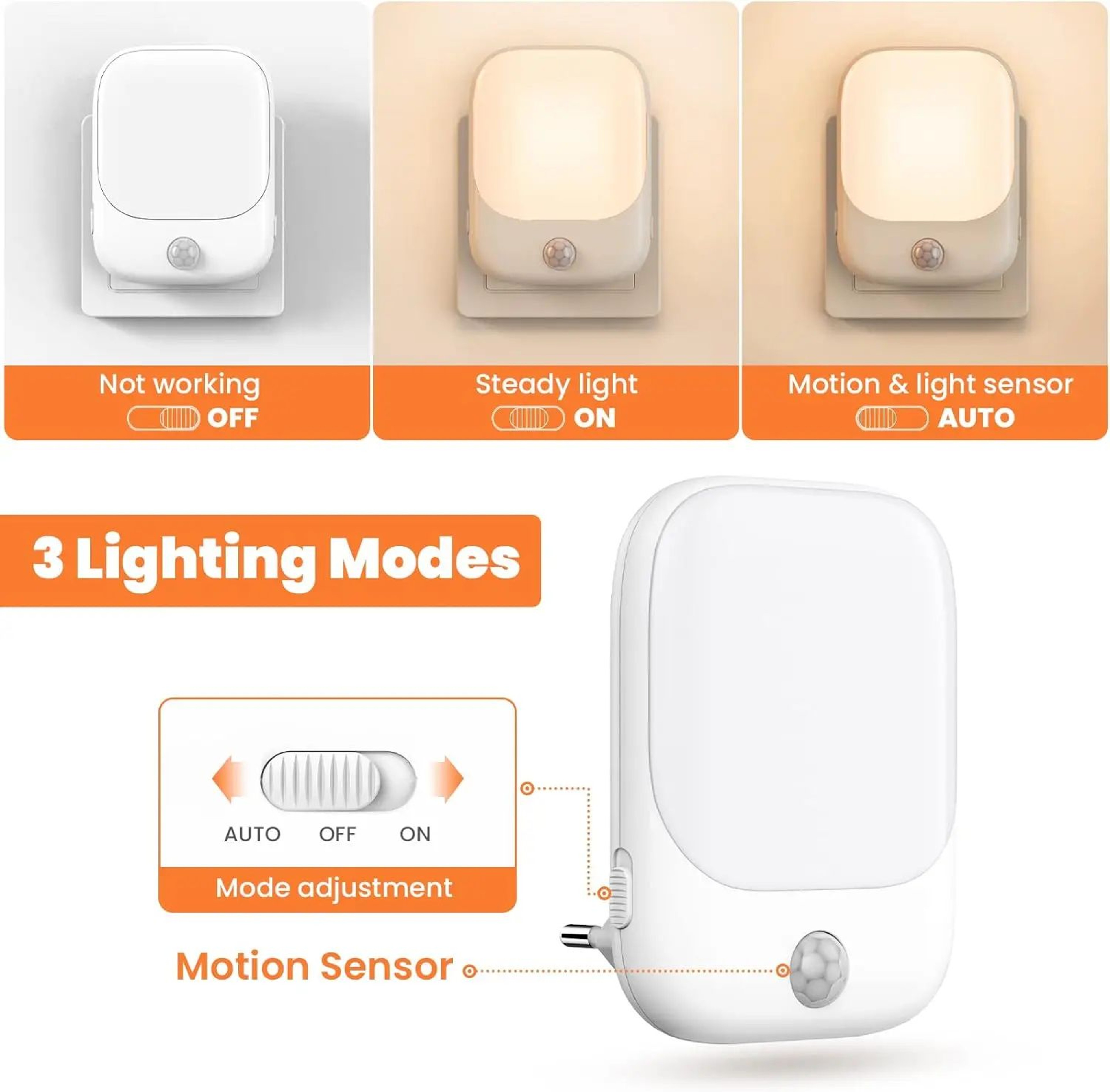 EU Plug Motion Sensor LED Night Light  Dusk To Dawn Dimmable Bedroom  Hallway Lamp 4