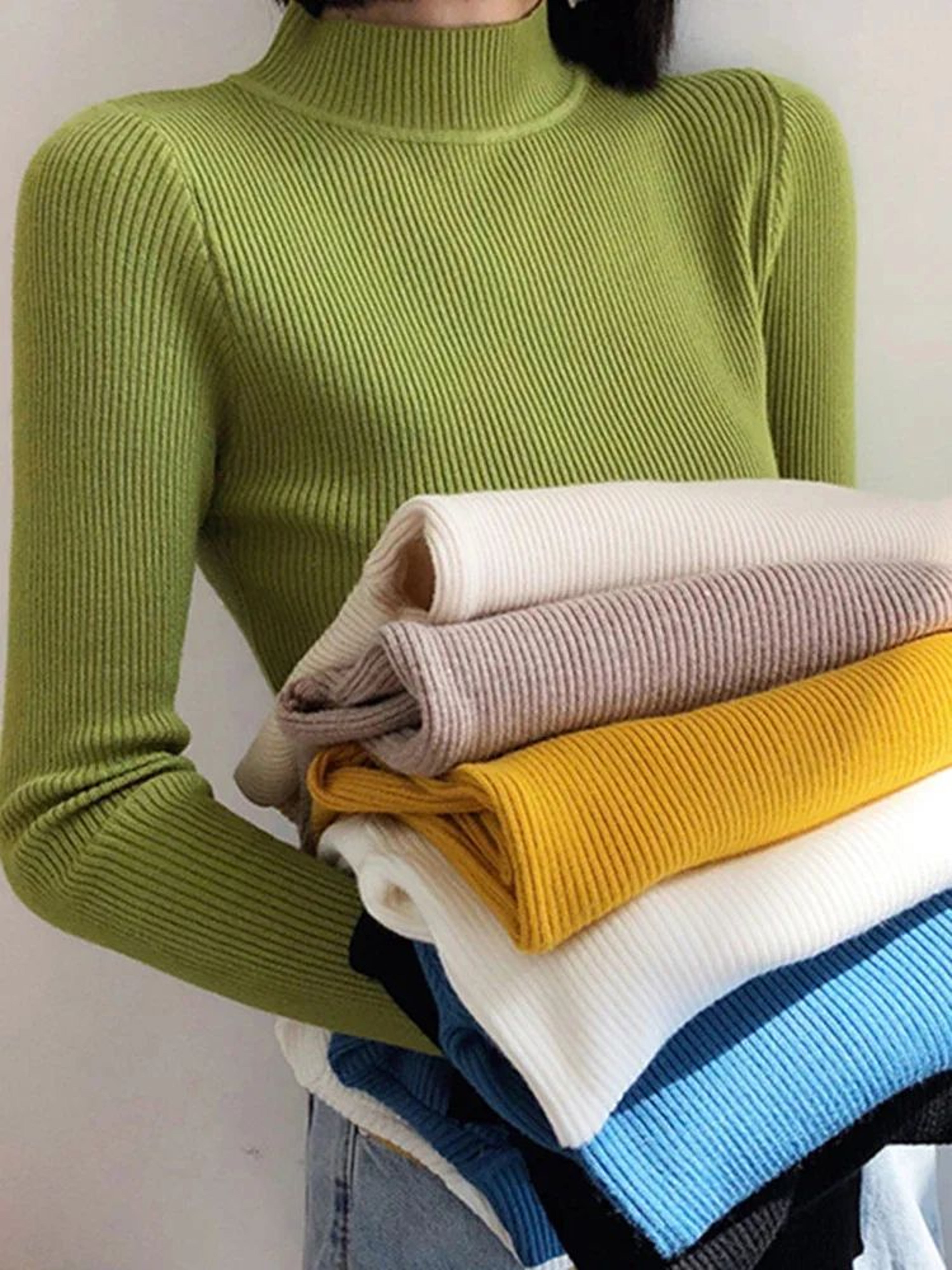 Womens Mock Neck Knit Sweater  Vintage Slim Fit Korean Style Pullover 4