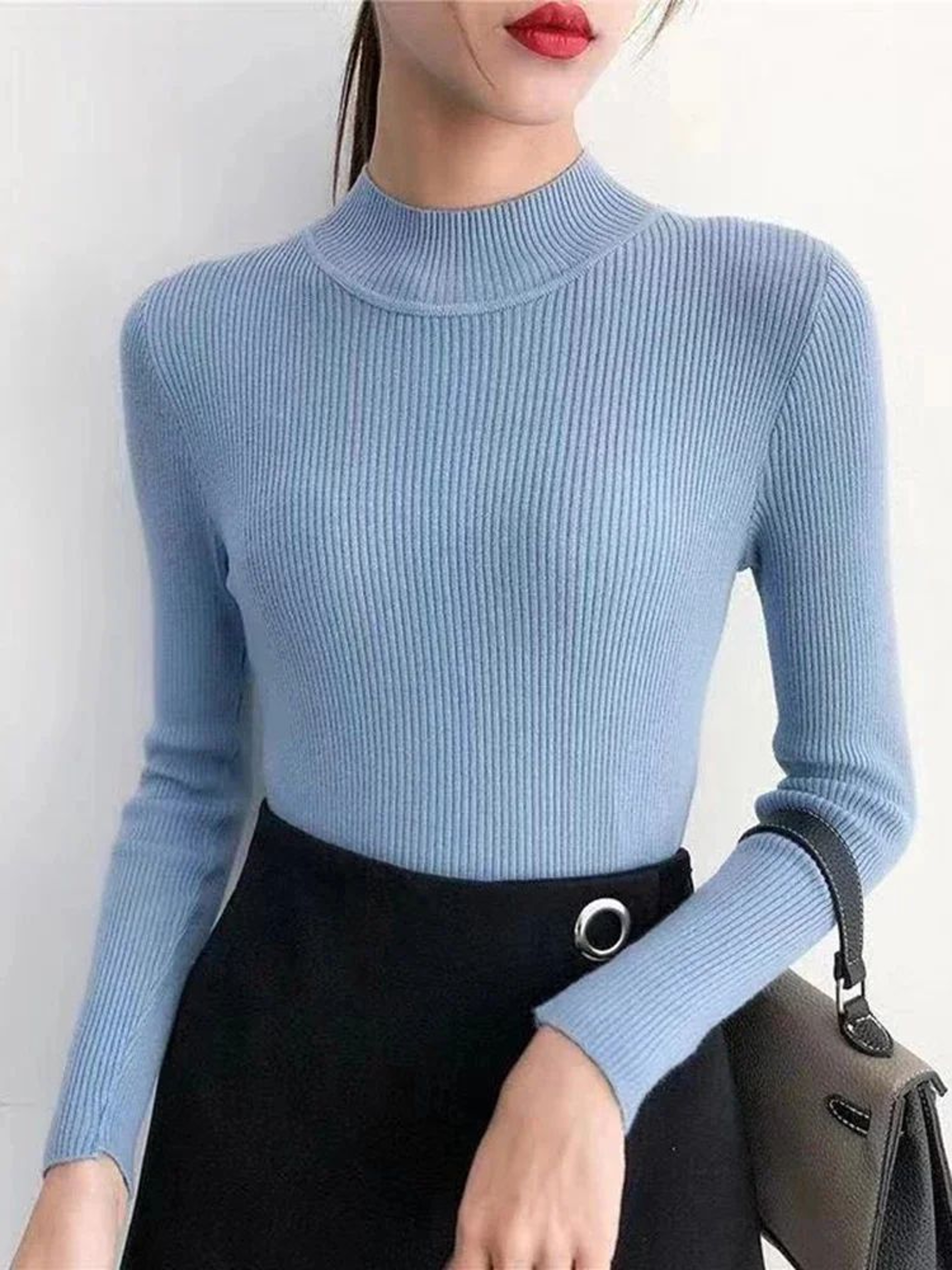Womens Mock Neck Knit Sweater  Vintage Slim Fit Korean Style Pullover 15