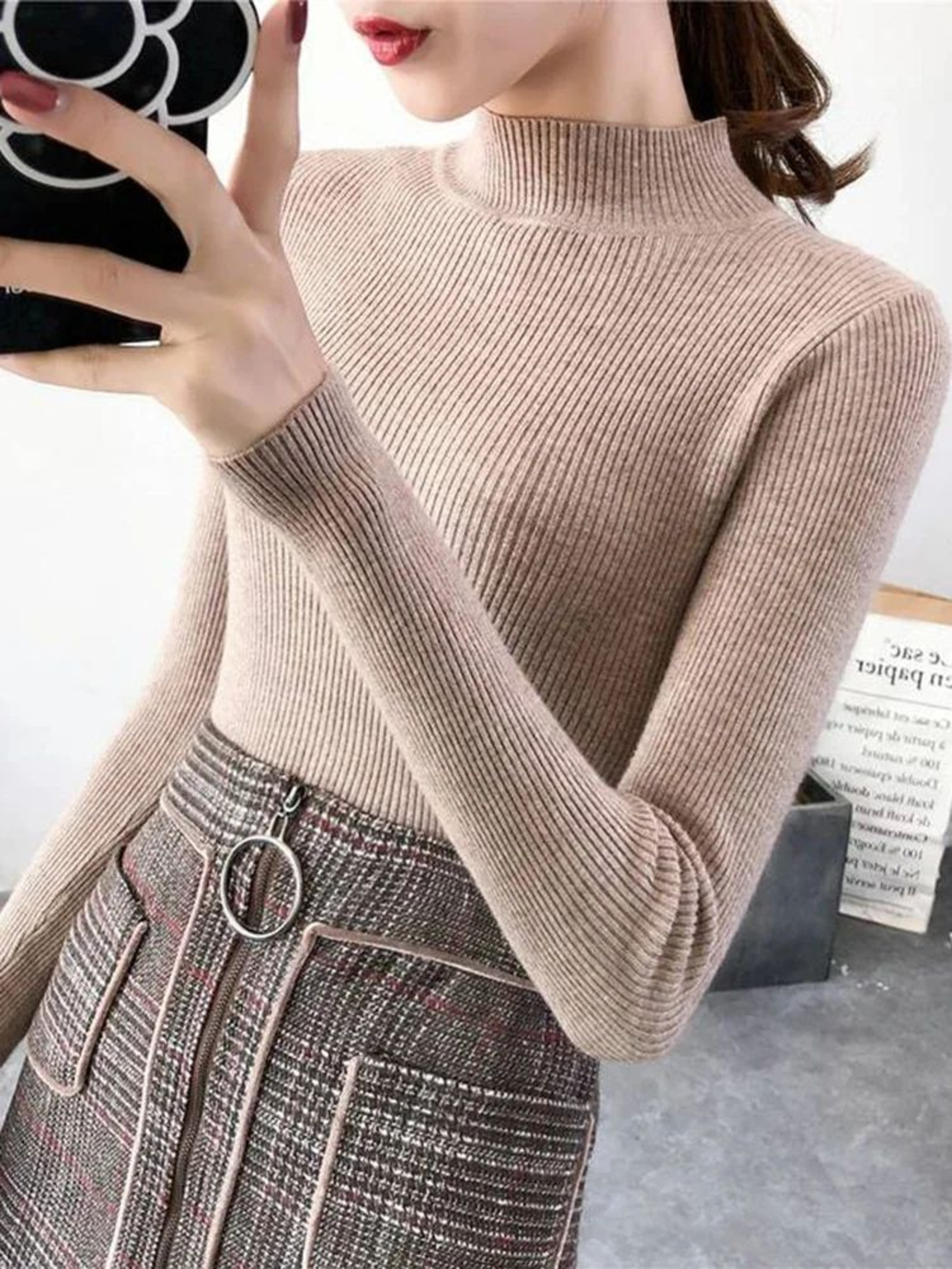 Womens Mock Neck Knit Sweater  Vintage Slim Fit Korean Style Pullover 8