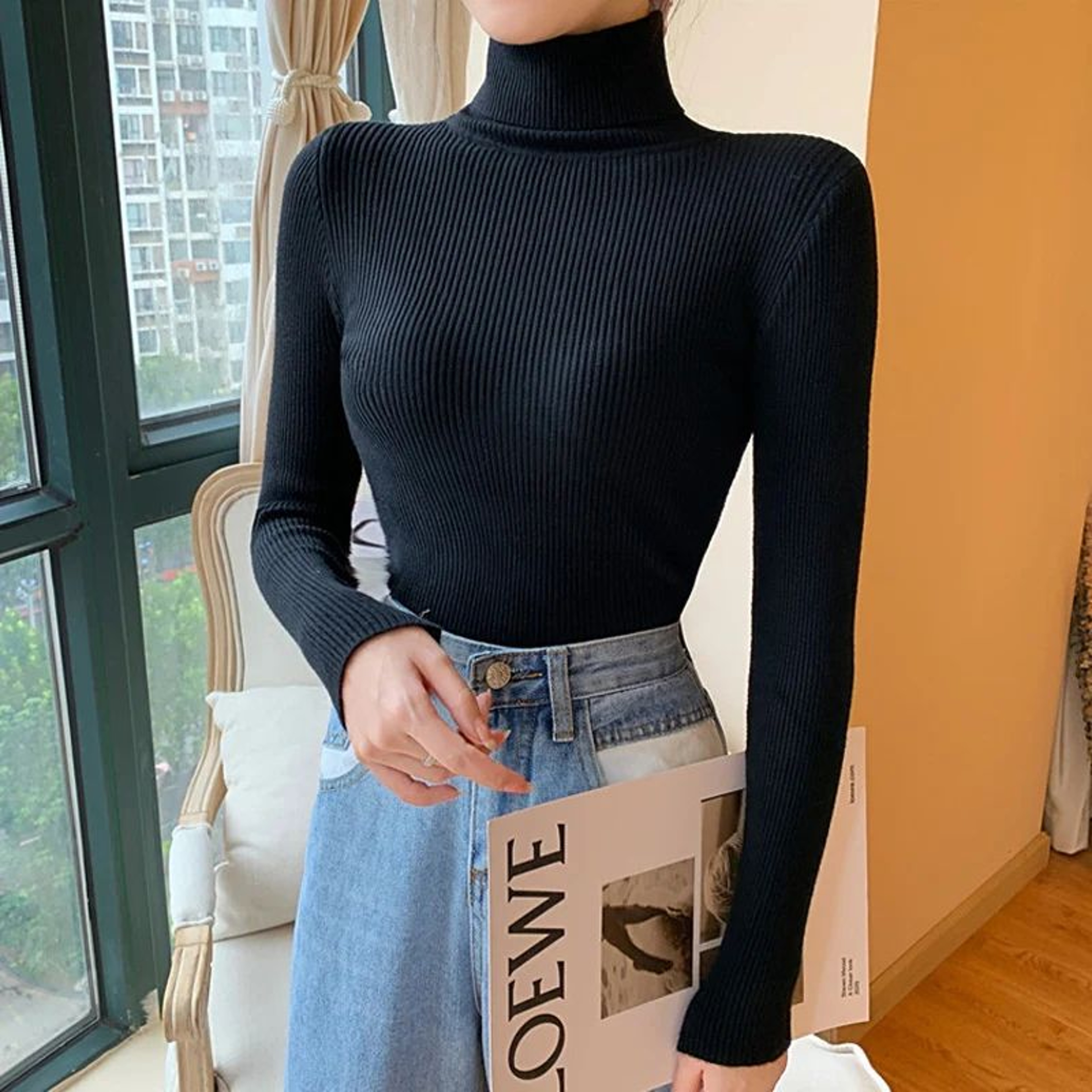 Autumn Winter Womens Ribbed Turtleneck Knit Sweater  Slim Fit Soft Warm Pullover 1