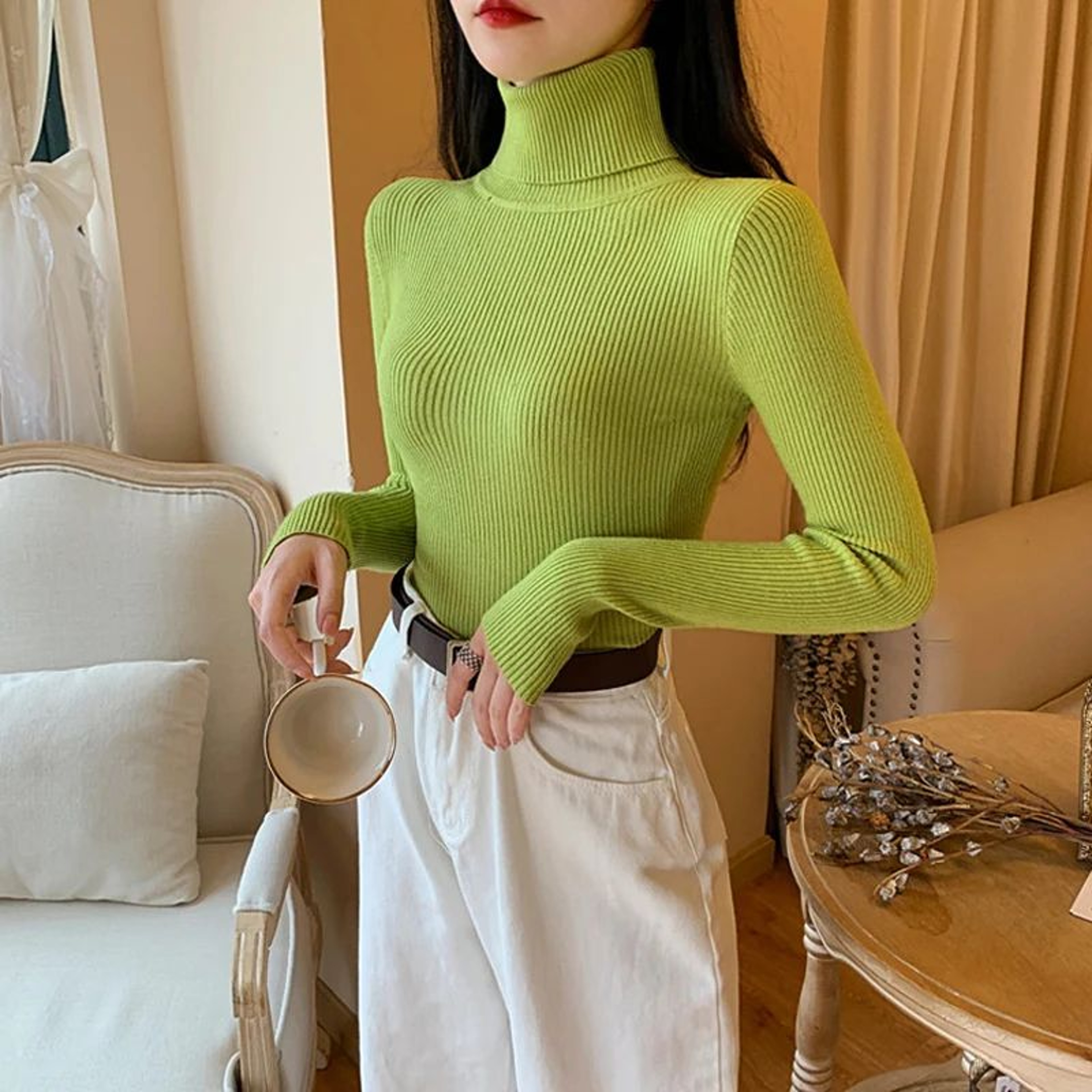 Autumn Winter Womens Ribbed Turtleneck Knit Sweater  Slim Fit Soft Warm Pullover 9