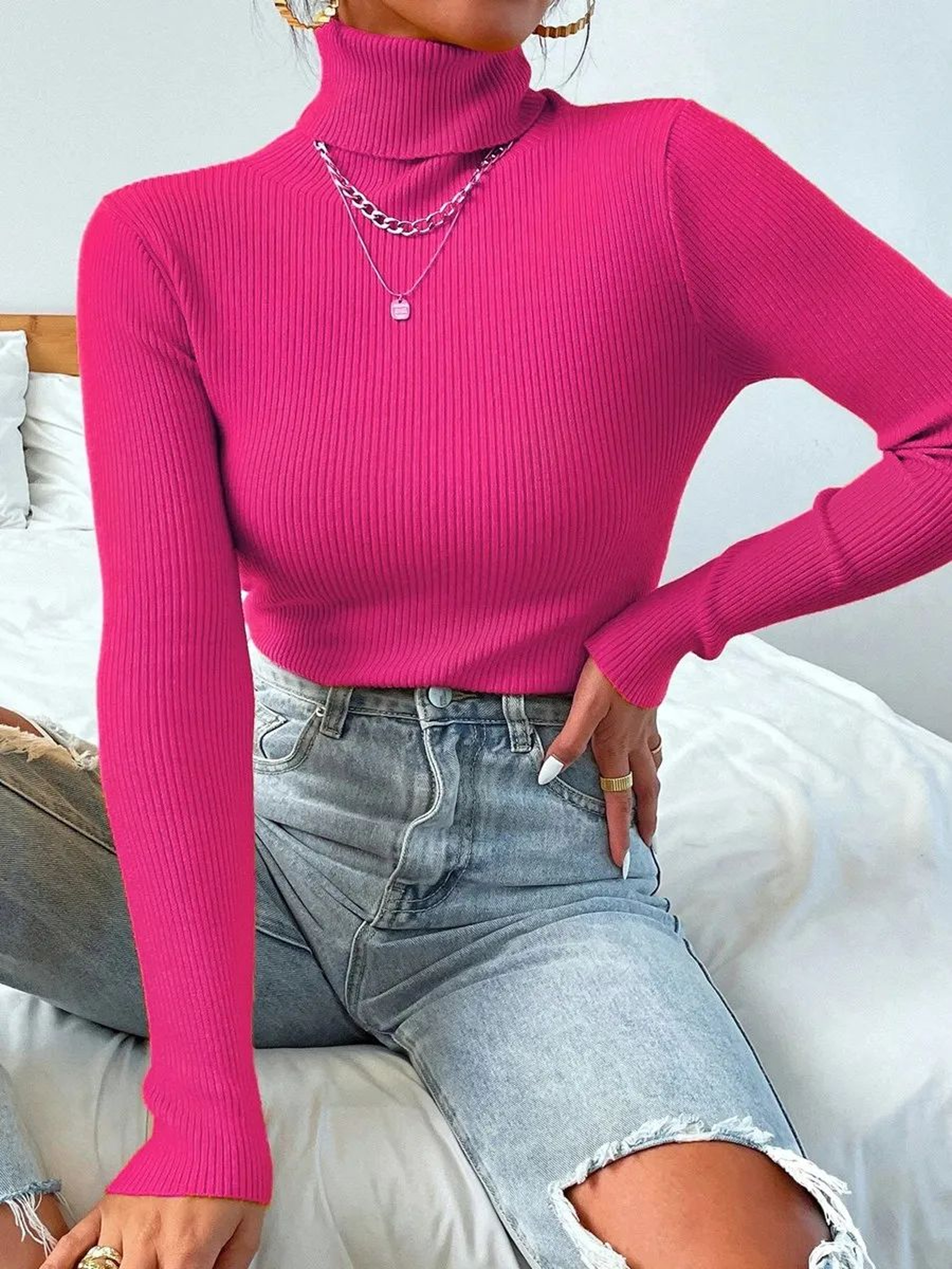 Autumn Winter Womens Ribbed Turtleneck Knit Sweater  Slim Fit Soft Warm Pullover 14