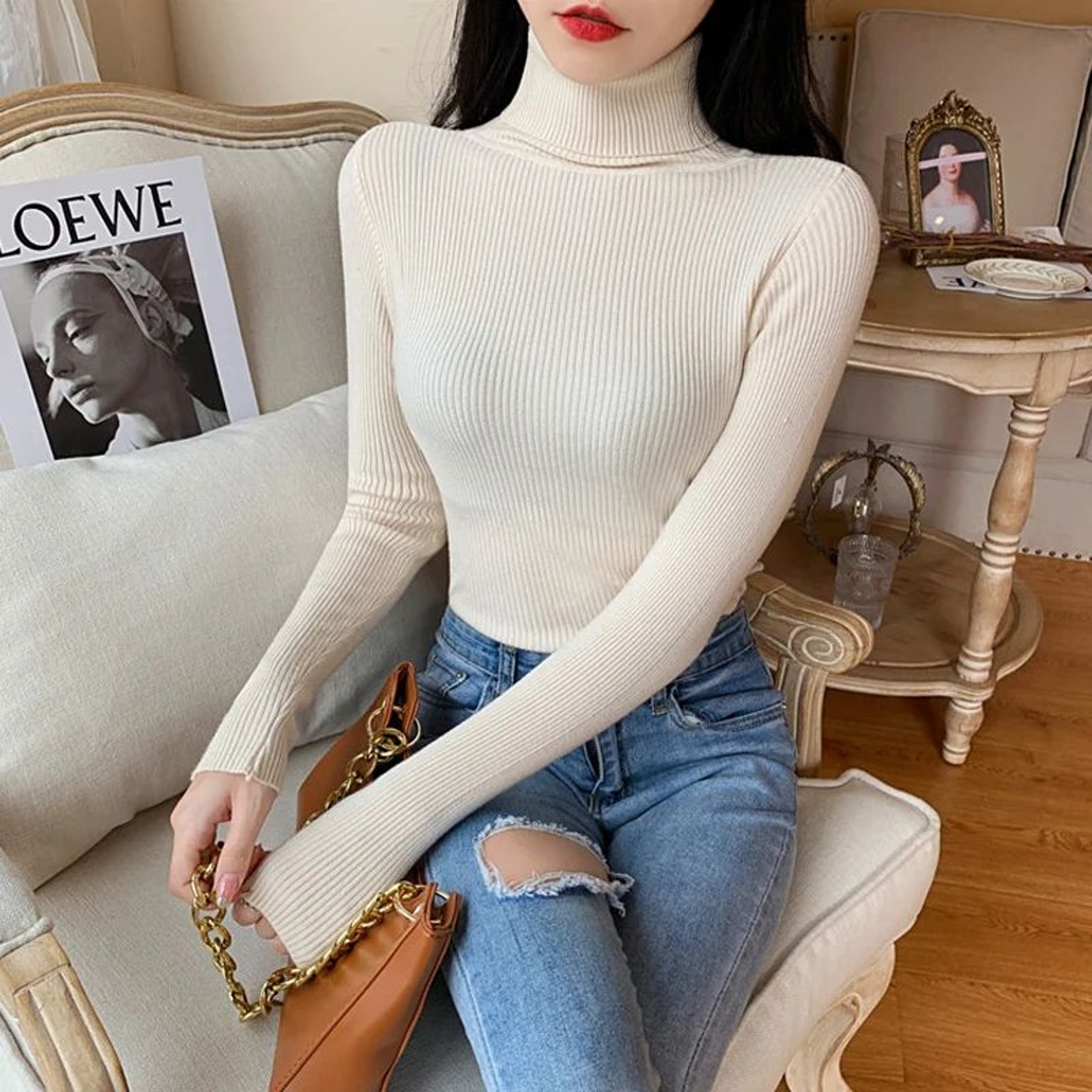 Autumn Winter Womens Ribbed Turtleneck Knit Sweater  Slim Fit Soft Warm Pullover 17