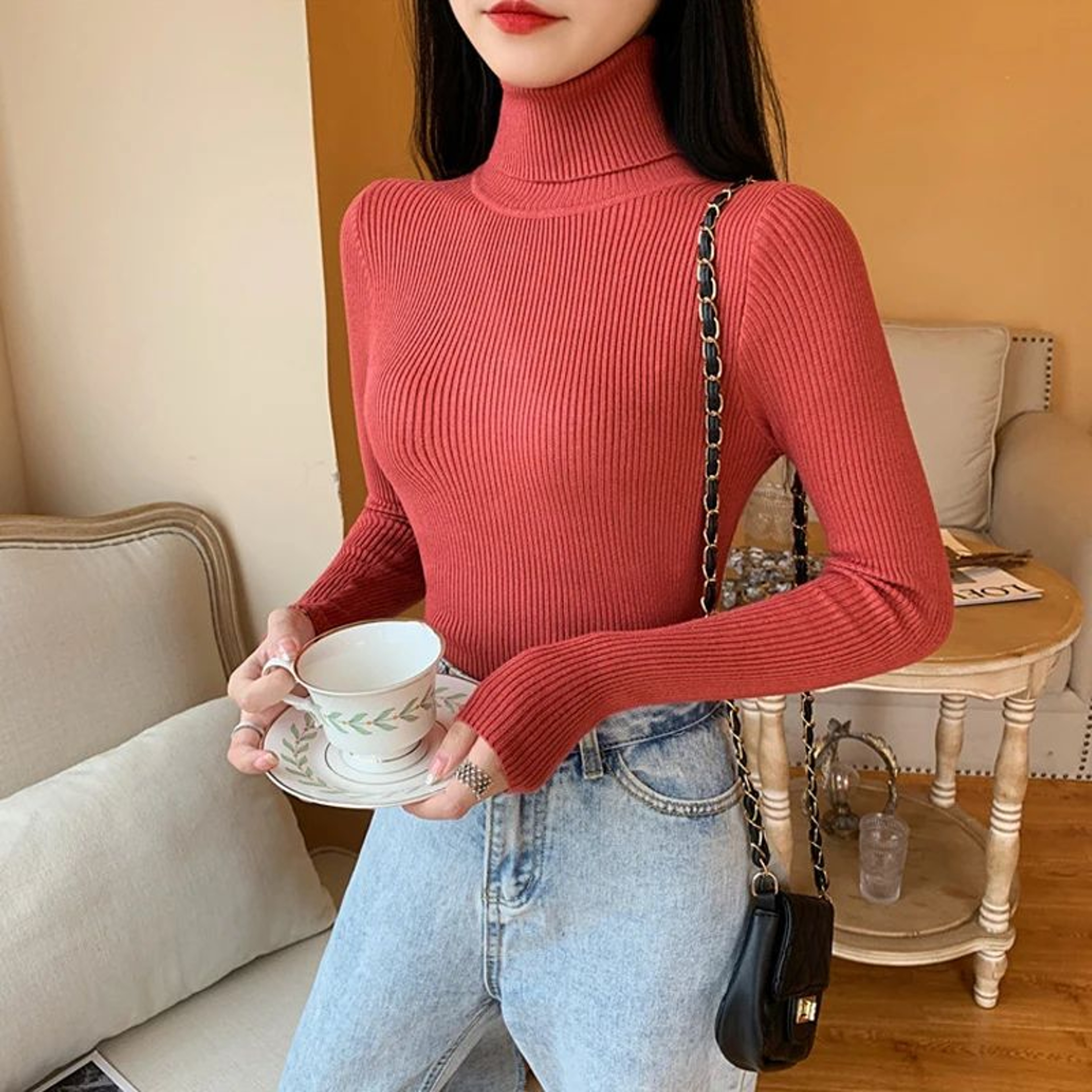 Autumn Winter Womens Ribbed Turtleneck Knit Sweater  Slim Fit Soft Warm Pullover 21
