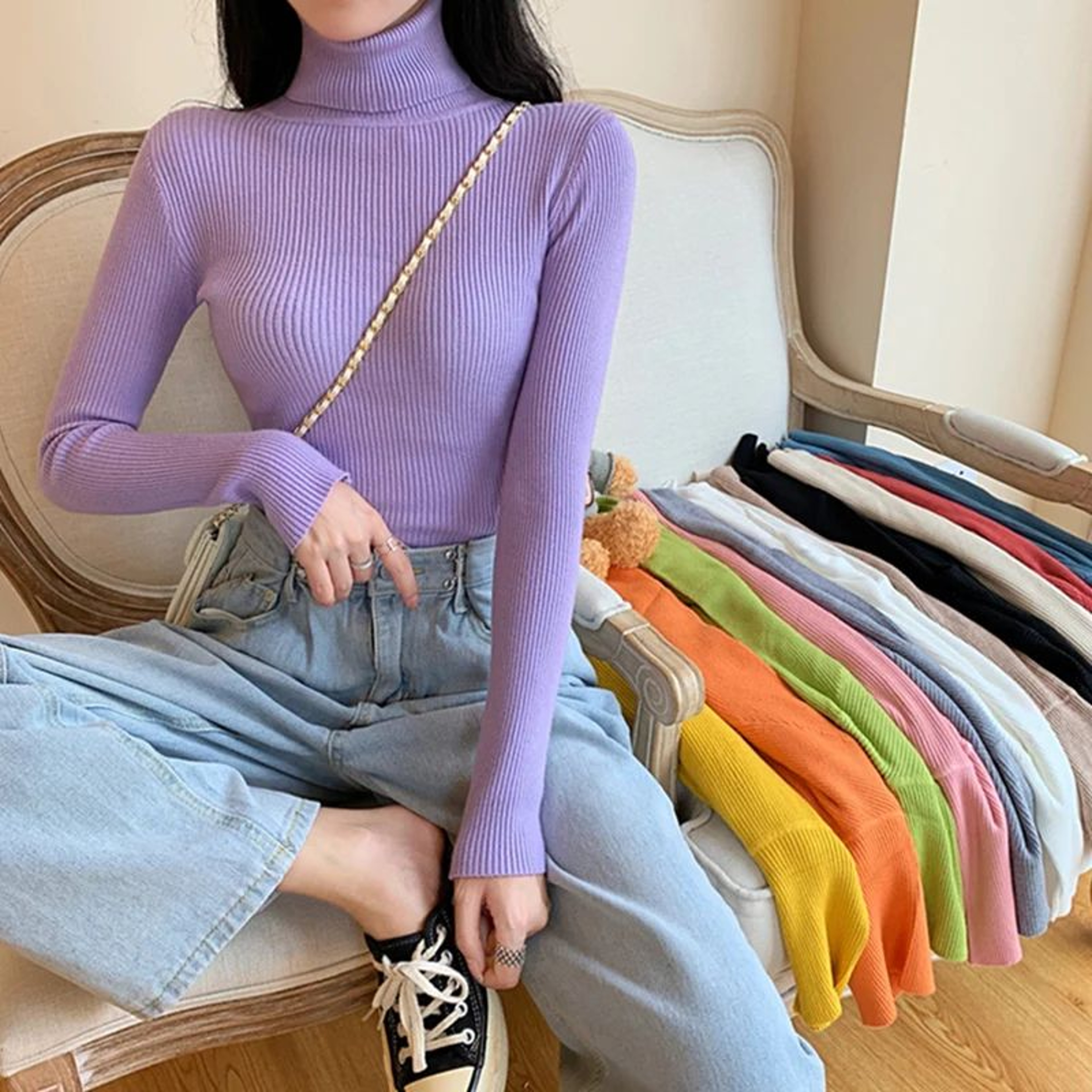 Autumn Winter Womens Ribbed Turtleneck Knit Sweater  Slim Fit Soft Warm Pullover 12