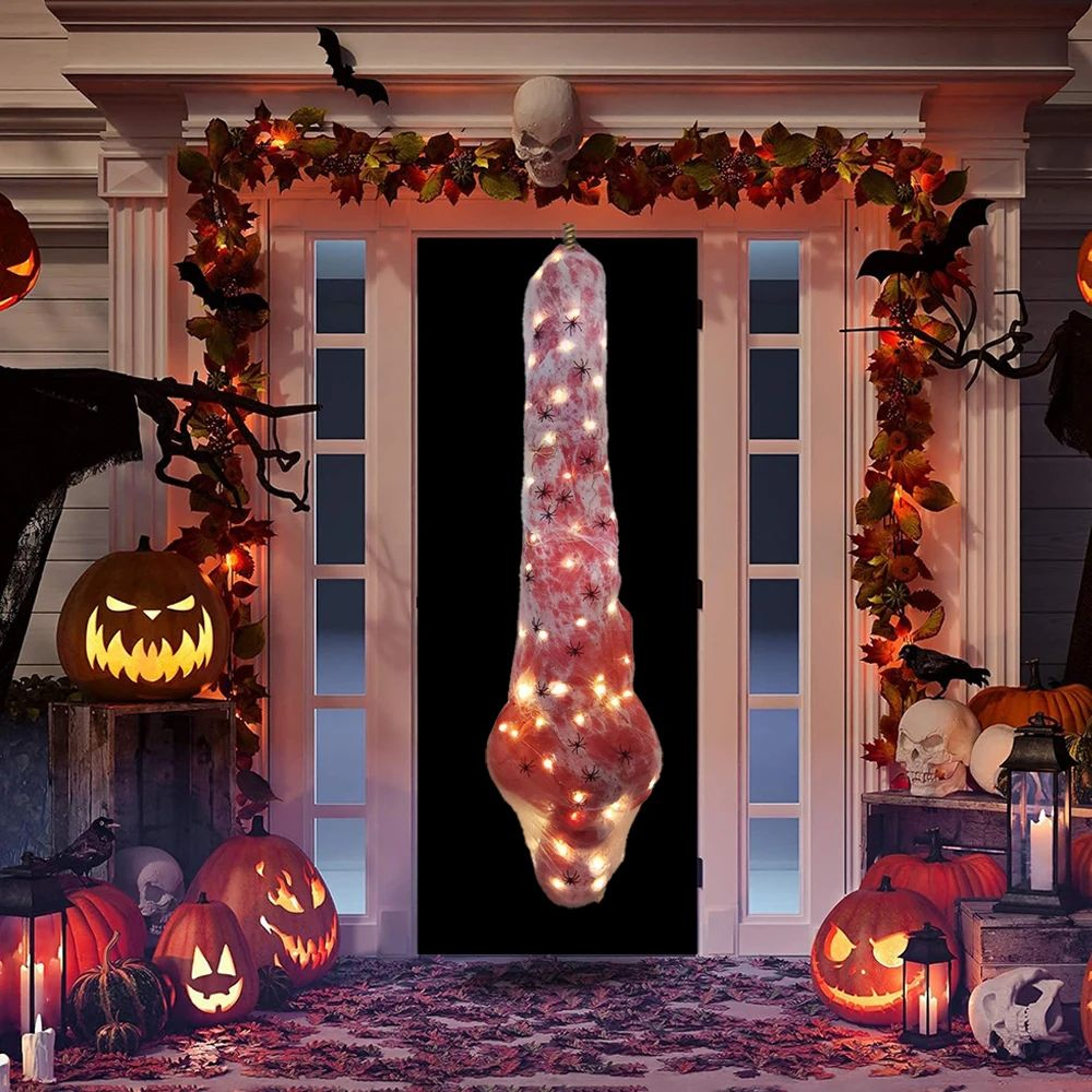 Haunted Cocoon Corpse Hanging Decoration With LED String Lights  Scary Halloween Dead Body Prop 4