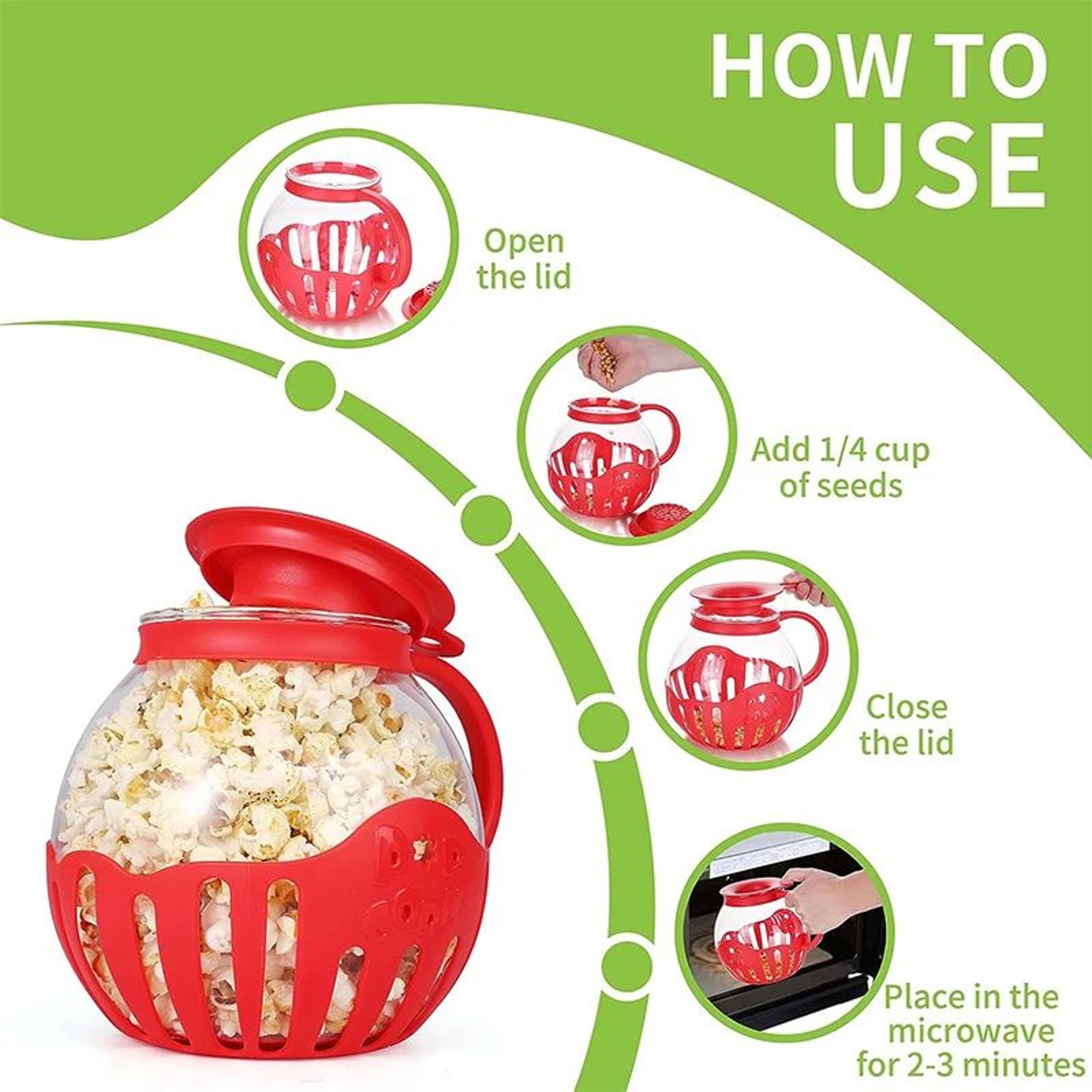 225QT Borosilicate Glass Microwave Popcorn Popper With Silicone Lid  OilFree Popcorn Maker 2