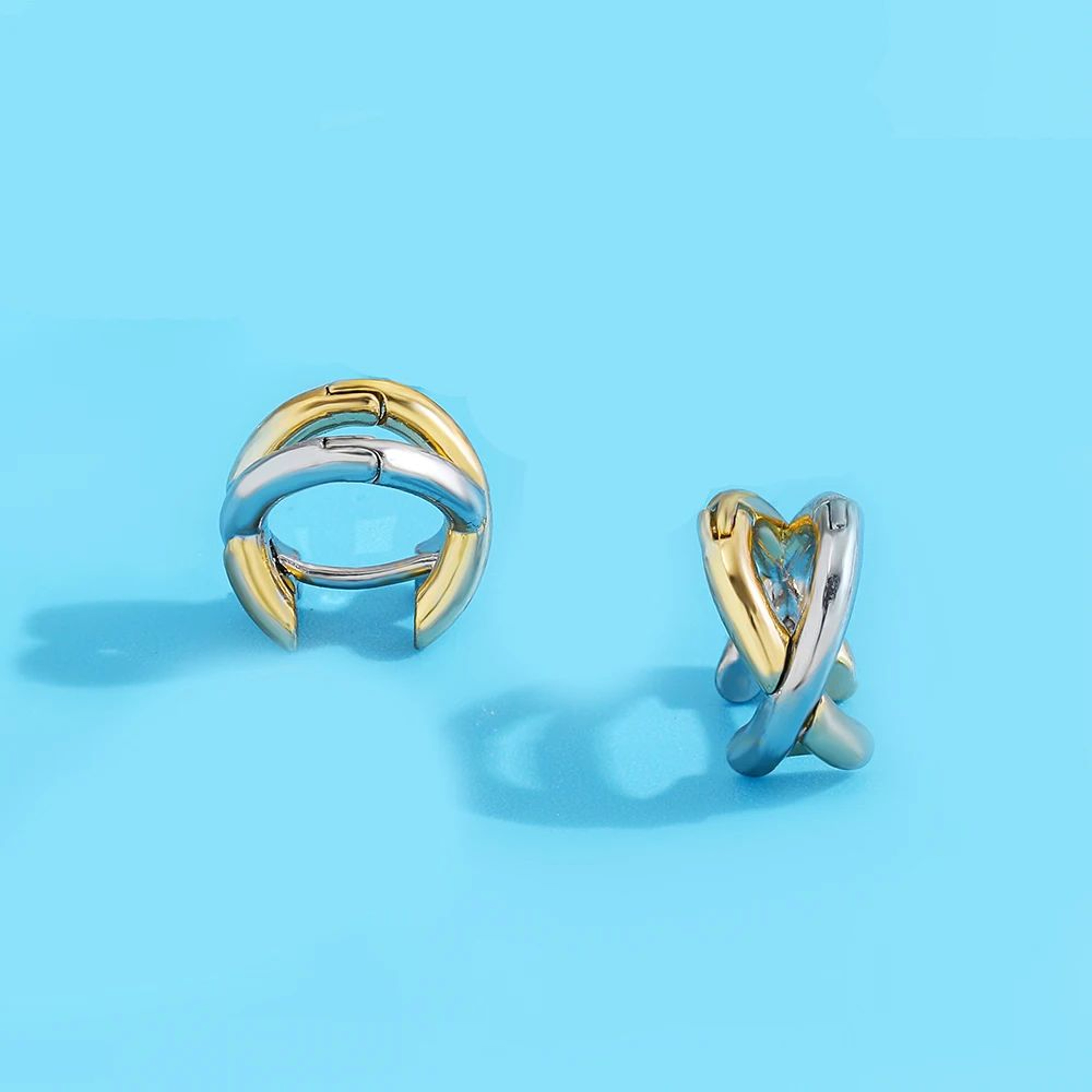Punk Gold  Silver CrissCross Huggie Hoop Earrings  Geometric Mixed Metal Ear Bone Jewelry 1