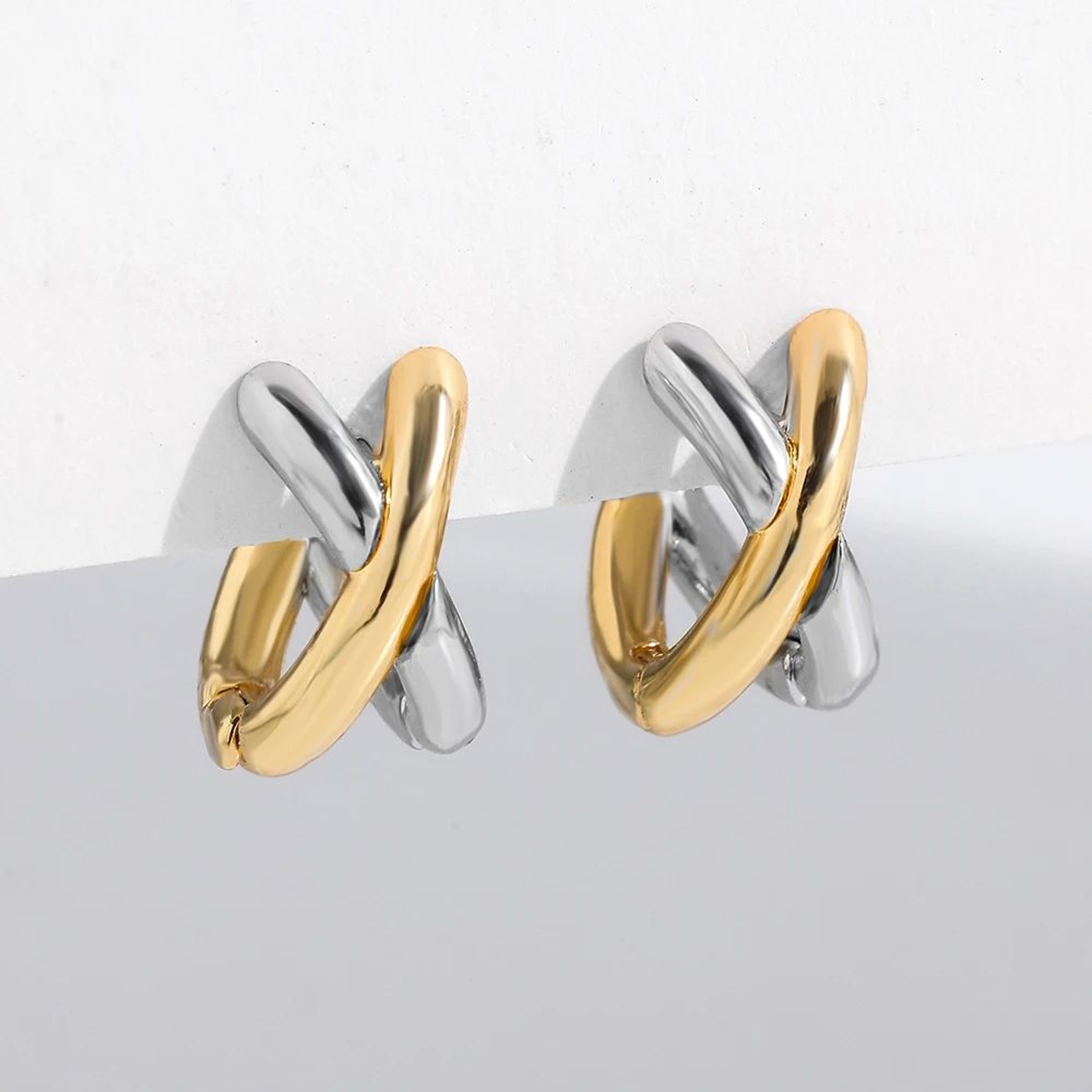 Punk Gold  Silver CrissCross Huggie Hoop Earrings  Geometric Mixed Metal Ear Bone Jewelry 0