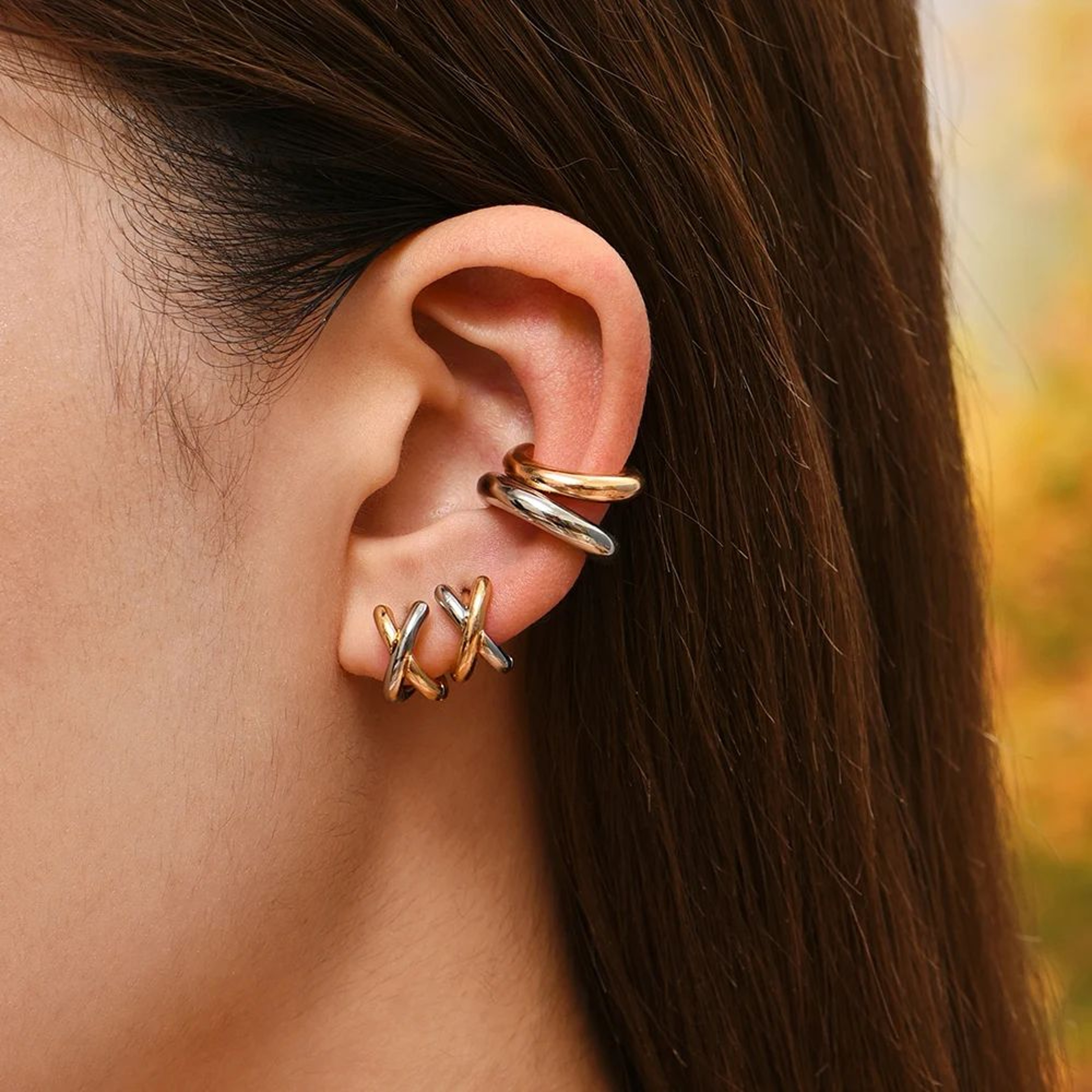 Punk Gold  Silver CrissCross Huggie Hoop Earrings  Geometric Mixed Metal Ear Bone Jewelry 4