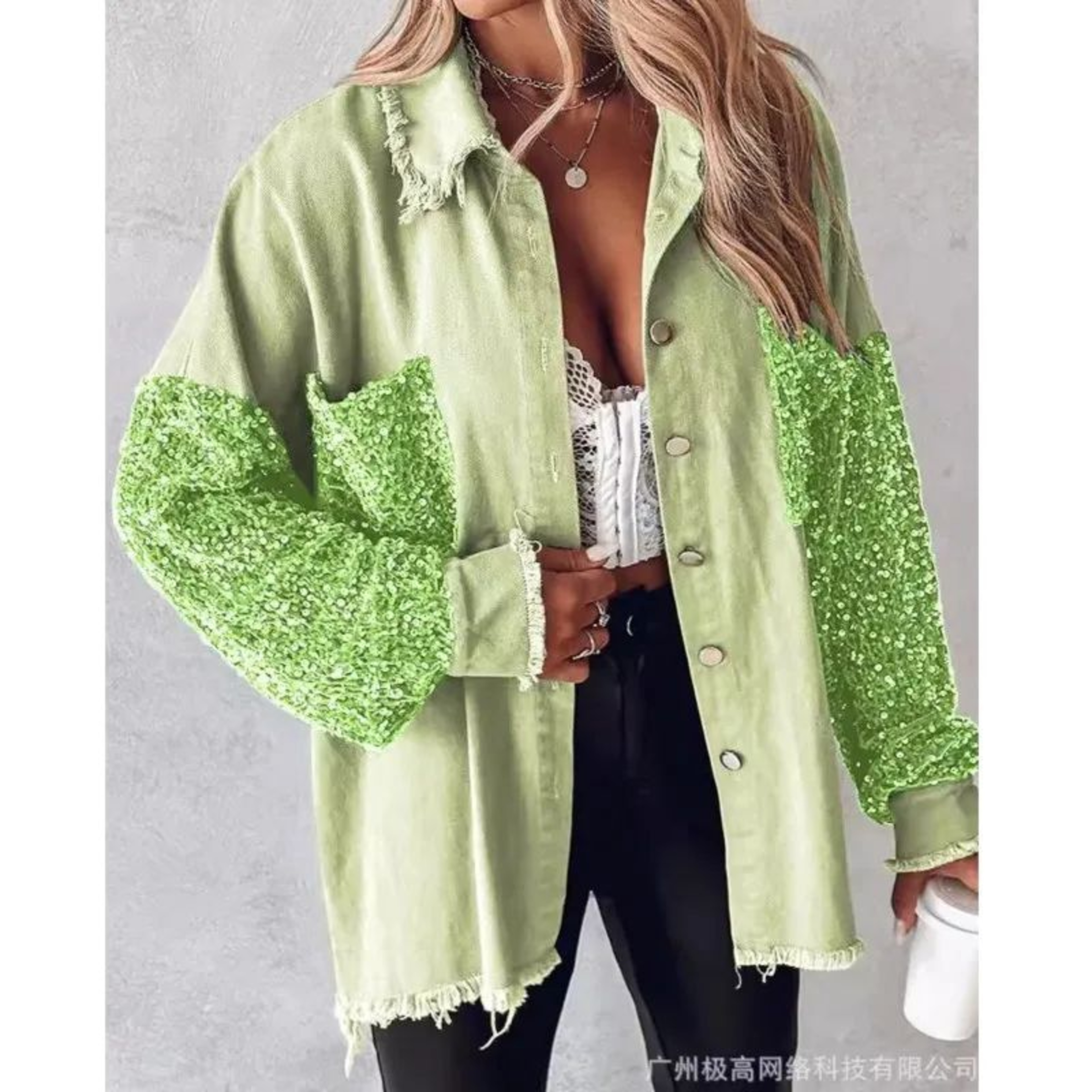 Sequin Colorblock Shacket Jacket  Womens Contrast ButtonUp Raw Hem High Street Coat 0