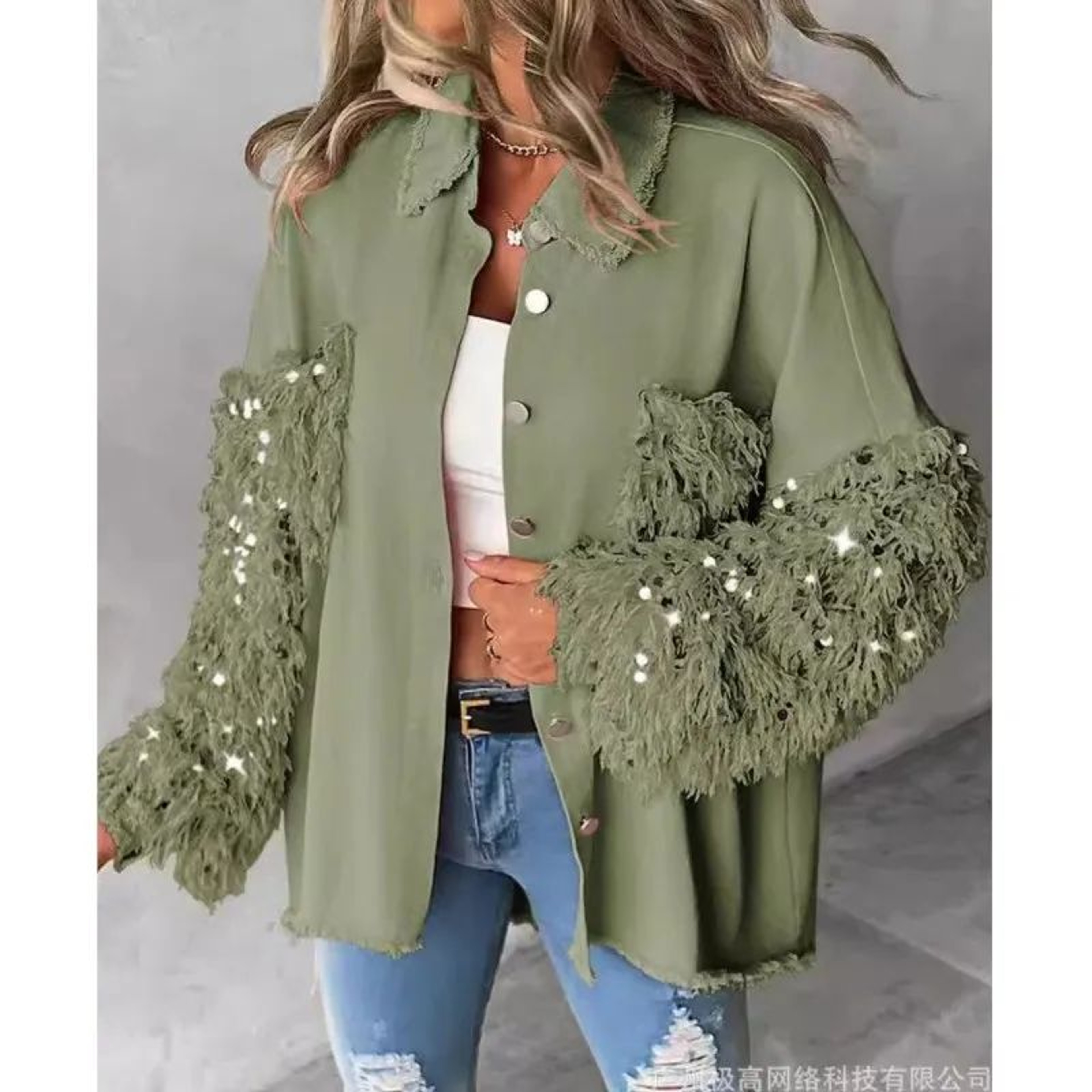 Sequin Colorblock Shacket Jacket  Womens Contrast ButtonUp Raw Hem High Street Coat 5