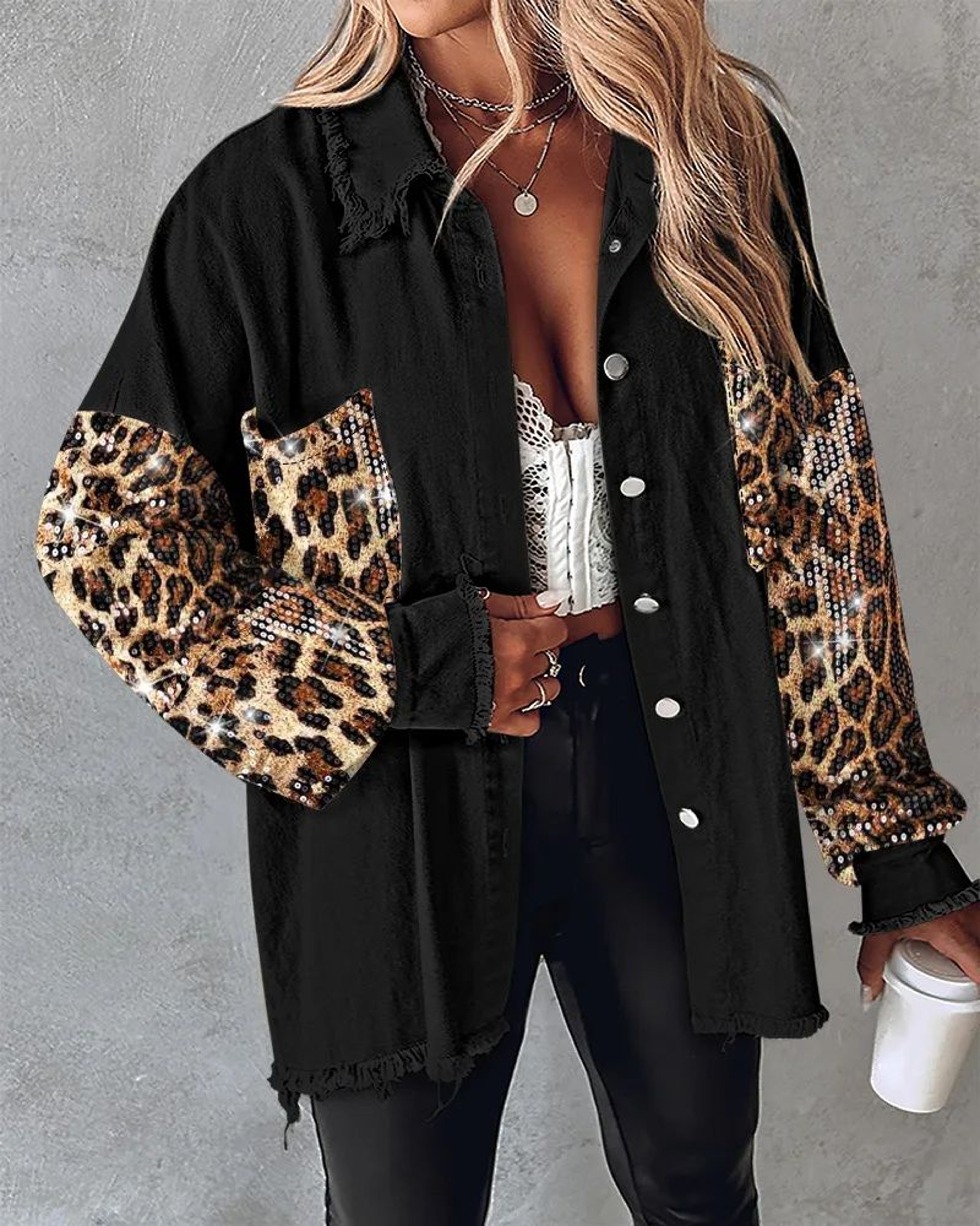 Sequin Colorblock Shacket Jacket  Womens Contrast ButtonUp Raw Hem High Street Coat 6