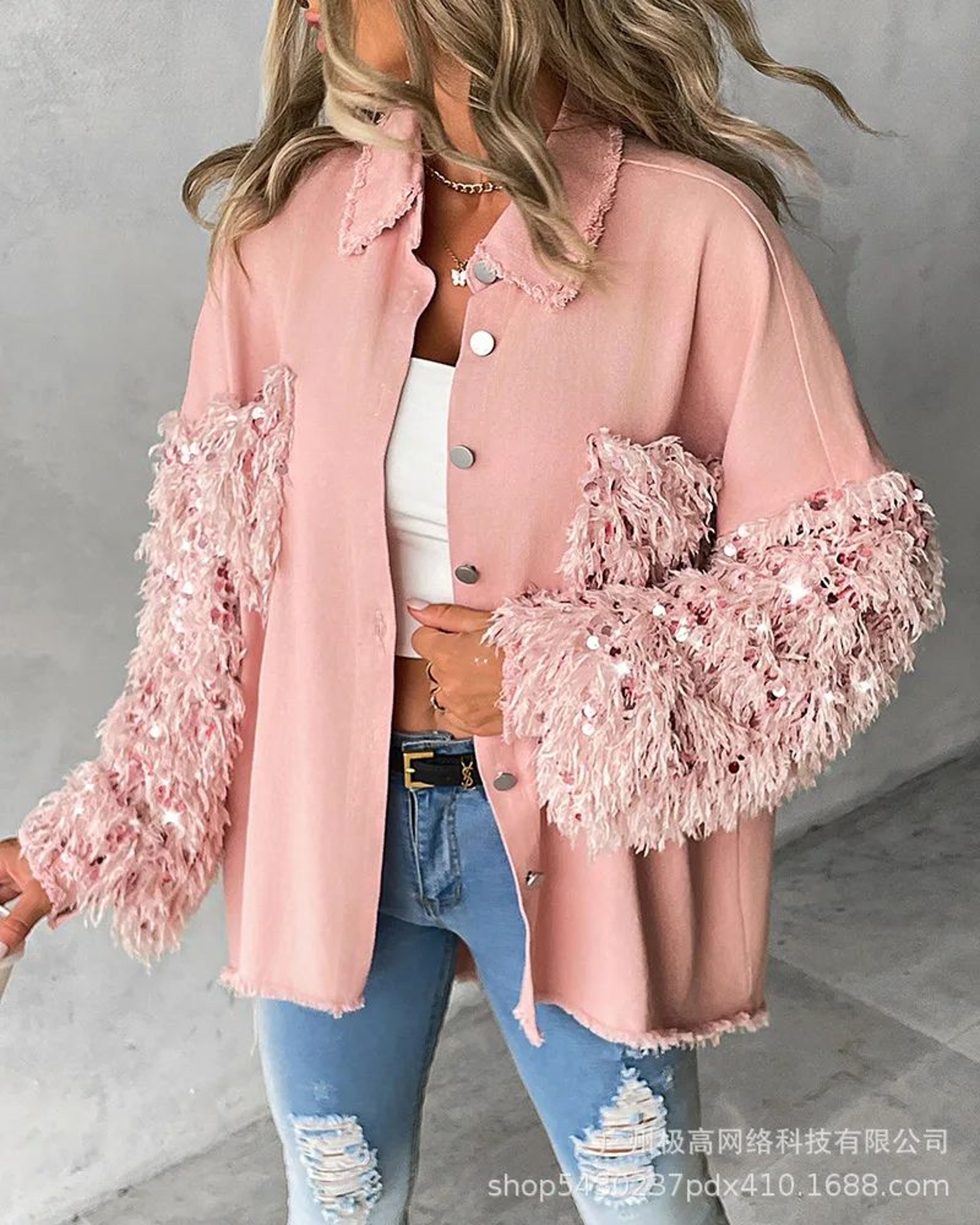 Sequin Colorblock Shacket Jacket  Womens Contrast ButtonUp Raw Hem High Street Coat 12