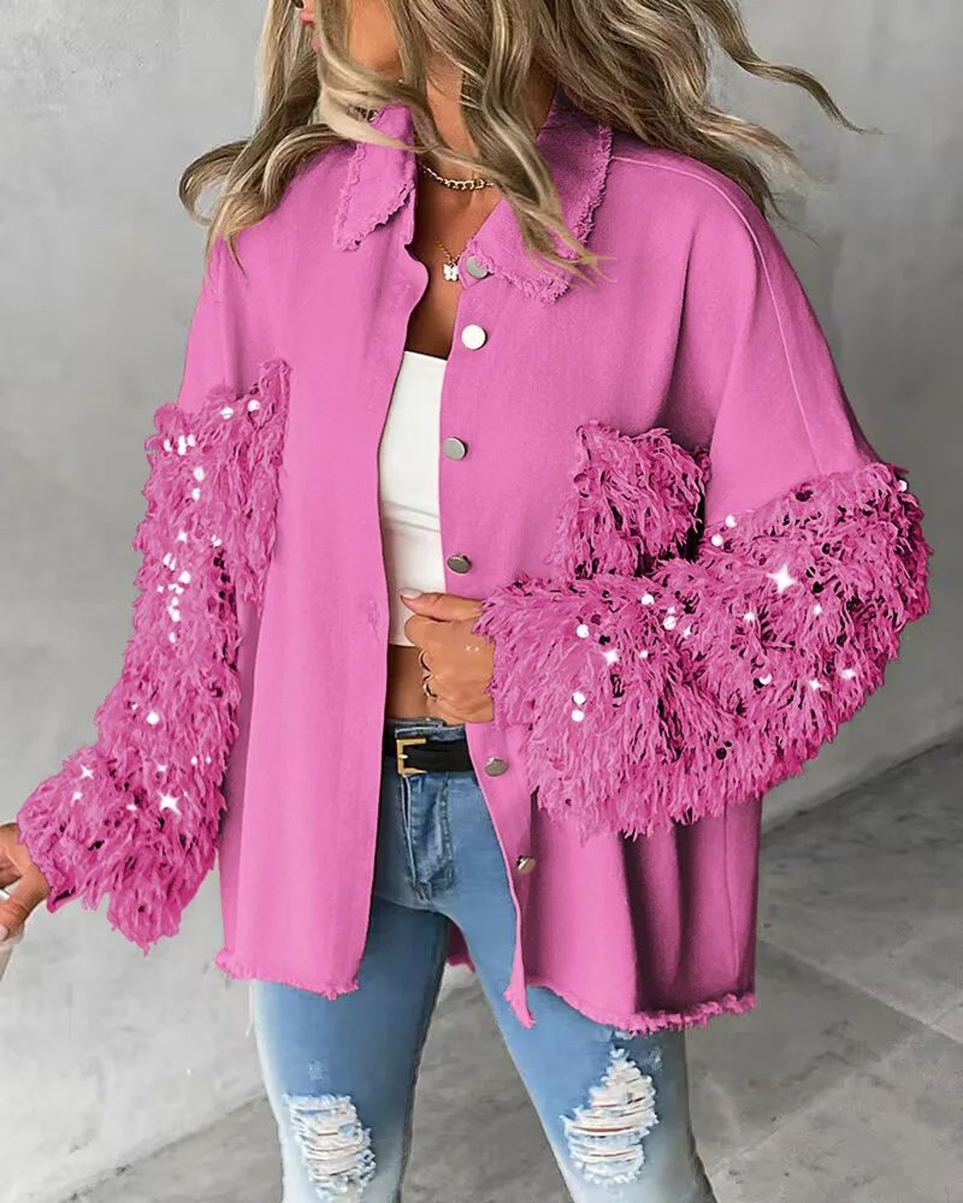 Sequin Colorblock Shacket Jacket  Womens Contrast ButtonUp Raw Hem High Street Coat 20